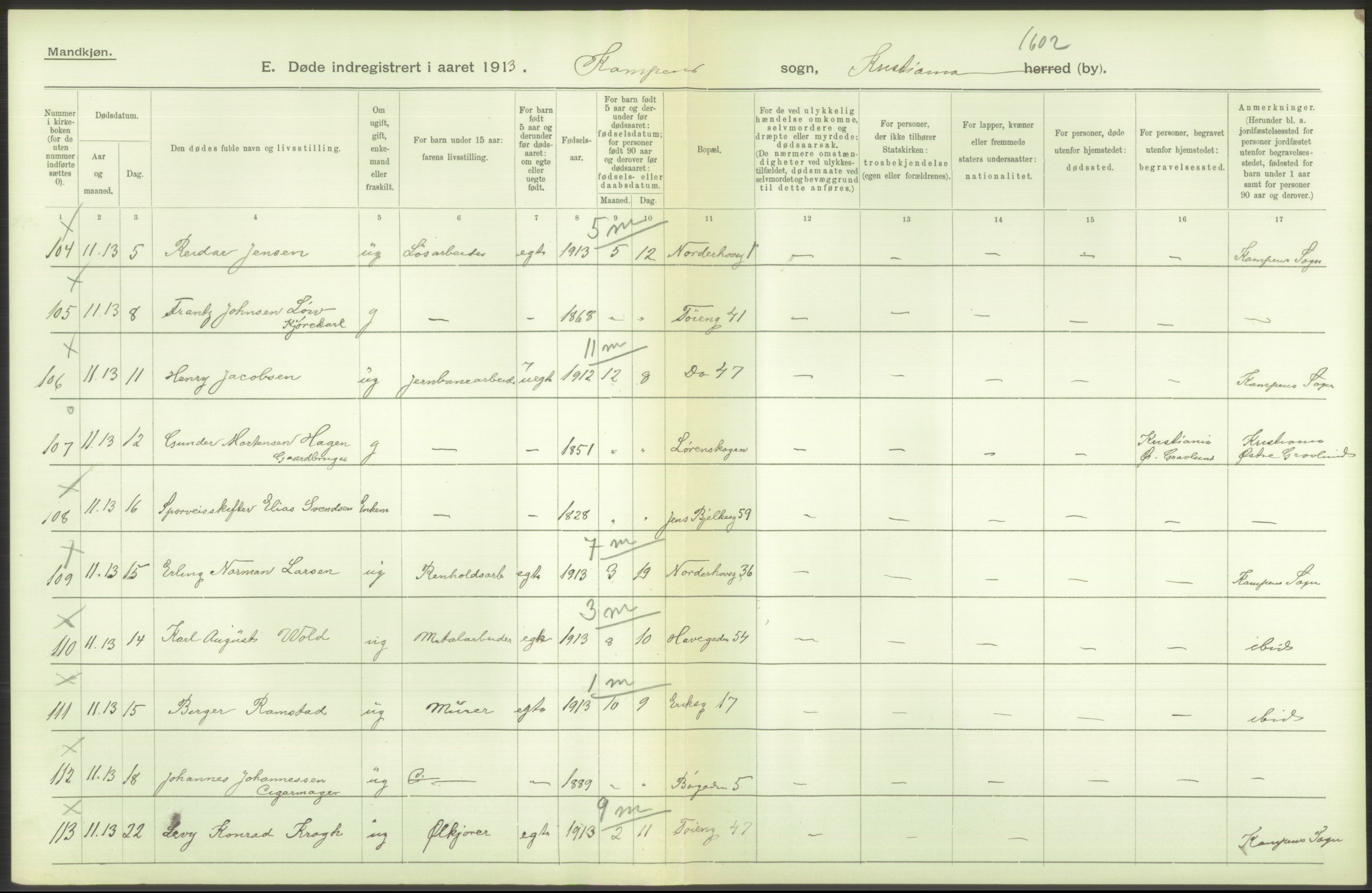 Statistisk sentralbyrå, Sosiodemografiske emner, Befolkning, AV/RA-S-2228/D/Df/Dfb/Dfbc/L0010: Kristiania: Døde, dødfødte., 1913, s. 190