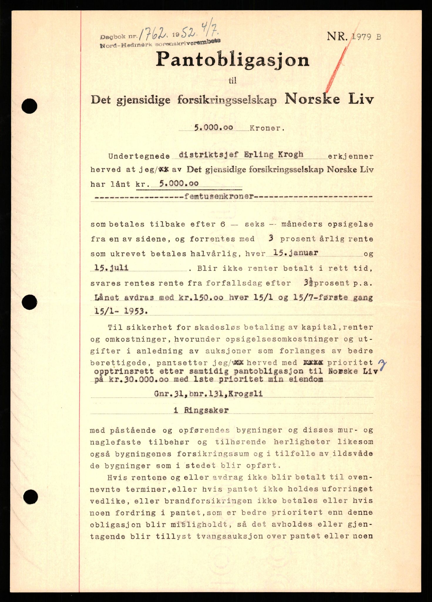 Nord-Hedmark sorenskriveri, SAH/TING-012/H/Hb/Hbf/L0025: Pantebok nr. B25, 1952-1952, Dagboknr: 1762/1952