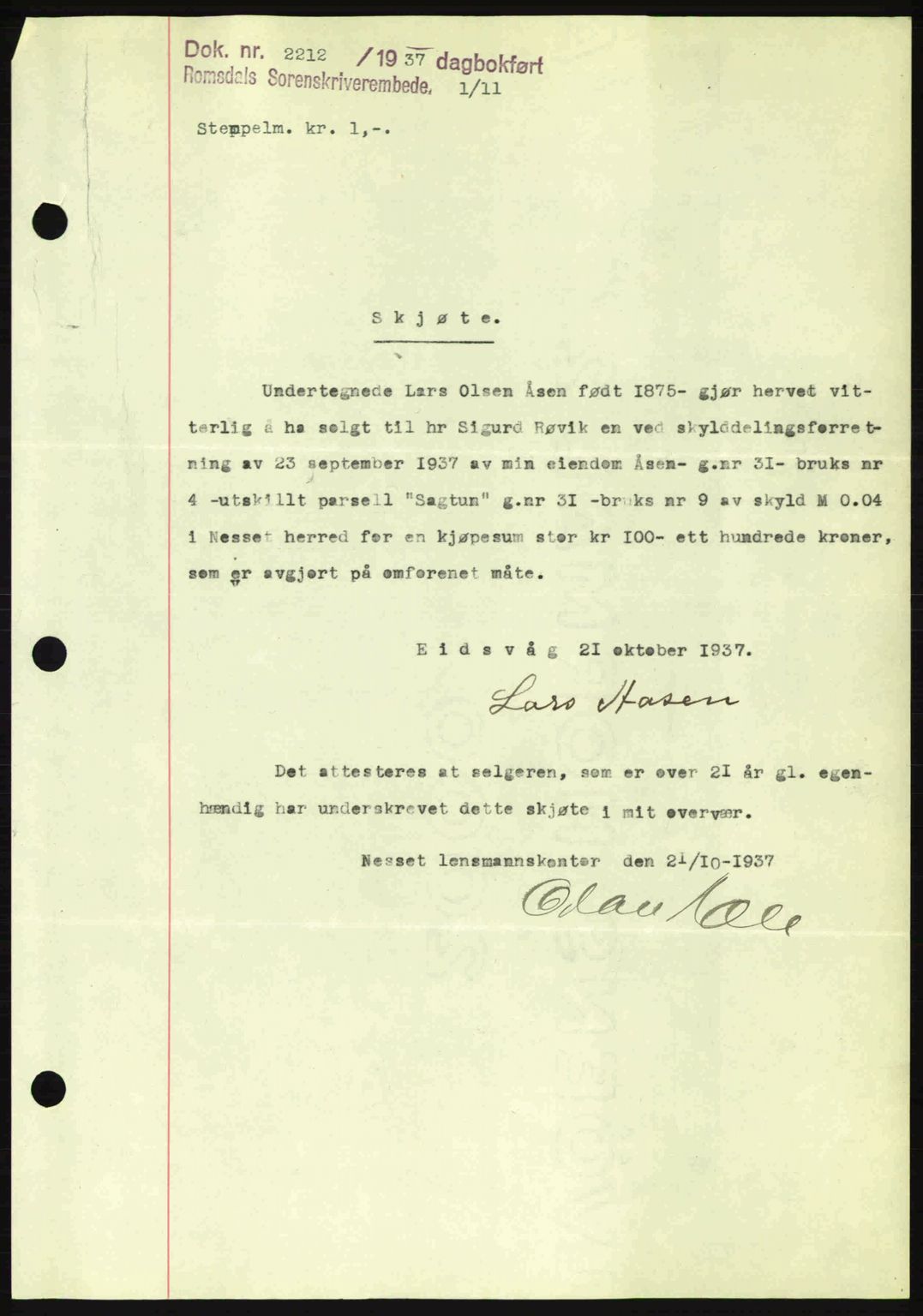 Romsdal sorenskriveri, SAT/A-4149/1/2/2C: Pantebok nr. A4, 1937-1938, Dagboknr: 2212/1937