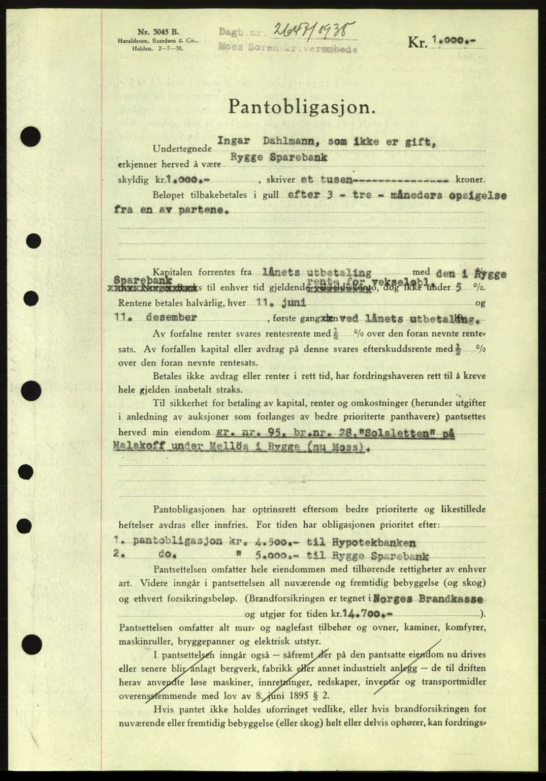 Moss sorenskriveri, SAO/A-10168: Pantebok nr. B6, 1938-1938, Dagboknr: 2647/1938