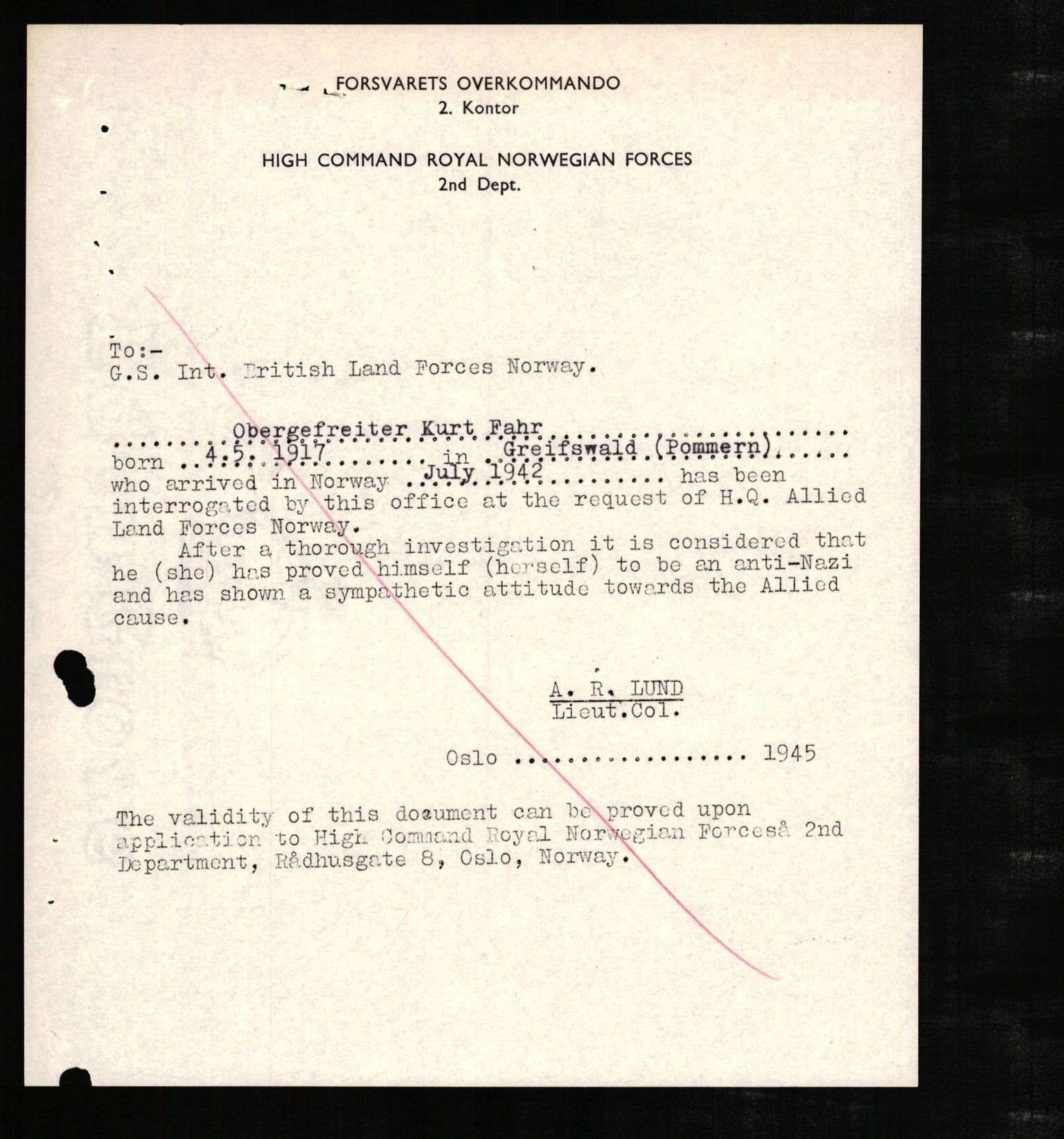 Forsvaret, Forsvarets overkommando II, RA/RAFA-3915/D/Db/L0007: CI Questionaires. Tyske okkupasjonsstyrker i Norge. Tyskere., 1945-1946, s. 401