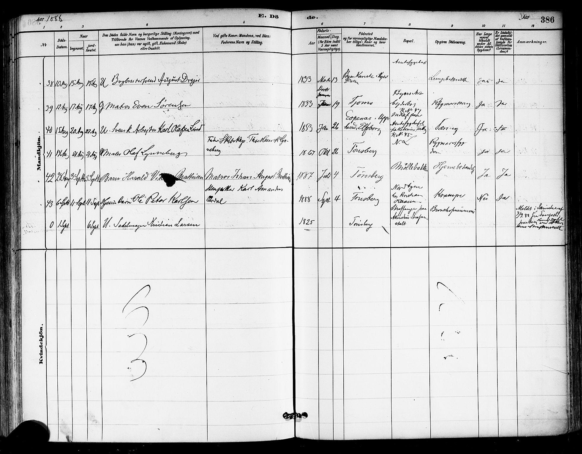 Tønsberg kirkebøker, AV/SAKO-A-330/F/Fa/L0011: Ministerialbok nr. I 11, 1881-1890, s. 386