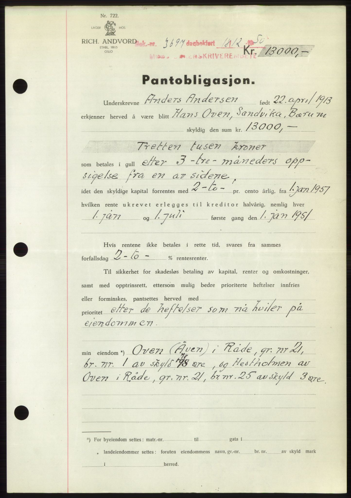 Moss sorenskriveri, SAO/A-10168: Pantebok nr. B25, 1950-1950, Dagboknr: 3697/1950
