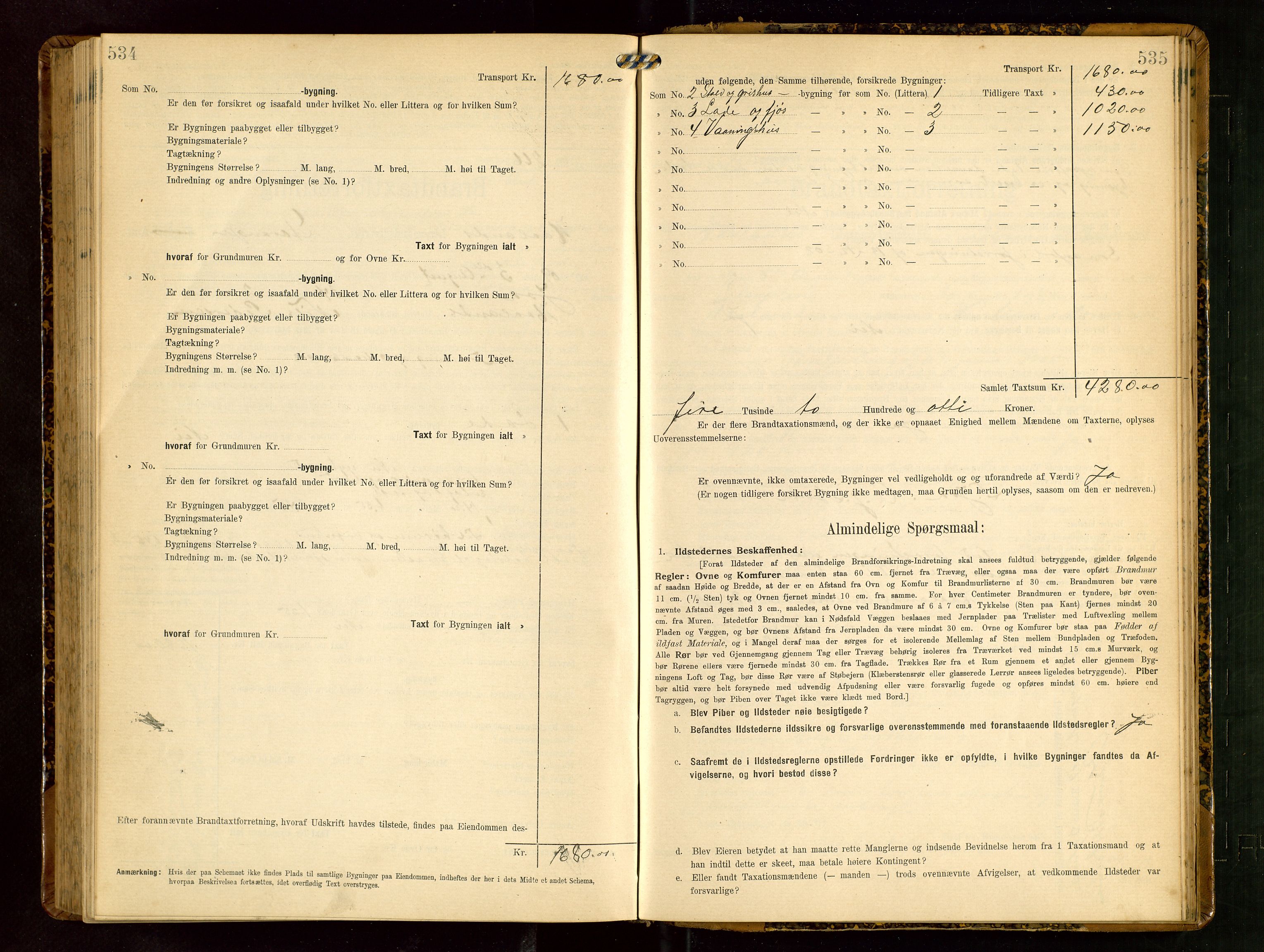 Håland lensmannskontor, AV/SAST-A-100100/Gob/L0003: Branntakstprotokoll - skjematakst. Register i boken., 1909-1910, s. 534-535