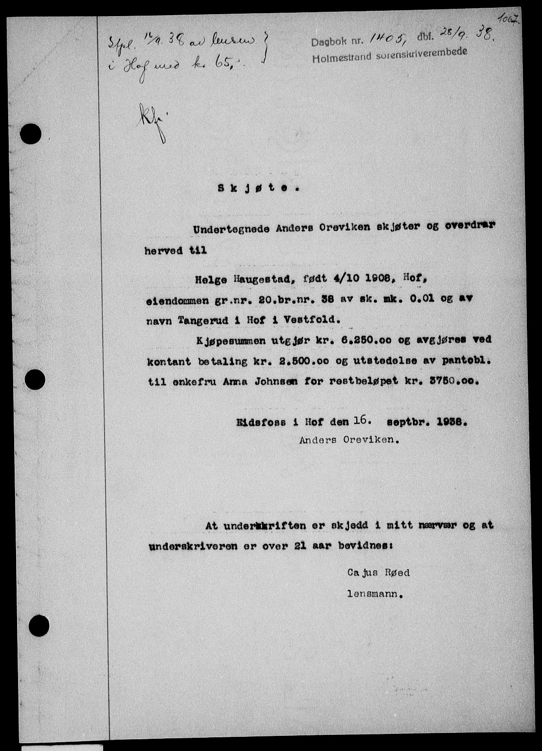 Holmestrand sorenskriveri, SAKO/A-67/G/Ga/Gaa/L0049: Pantebok nr. A-49, 1937-1938, Dagboknr: 1405/1938