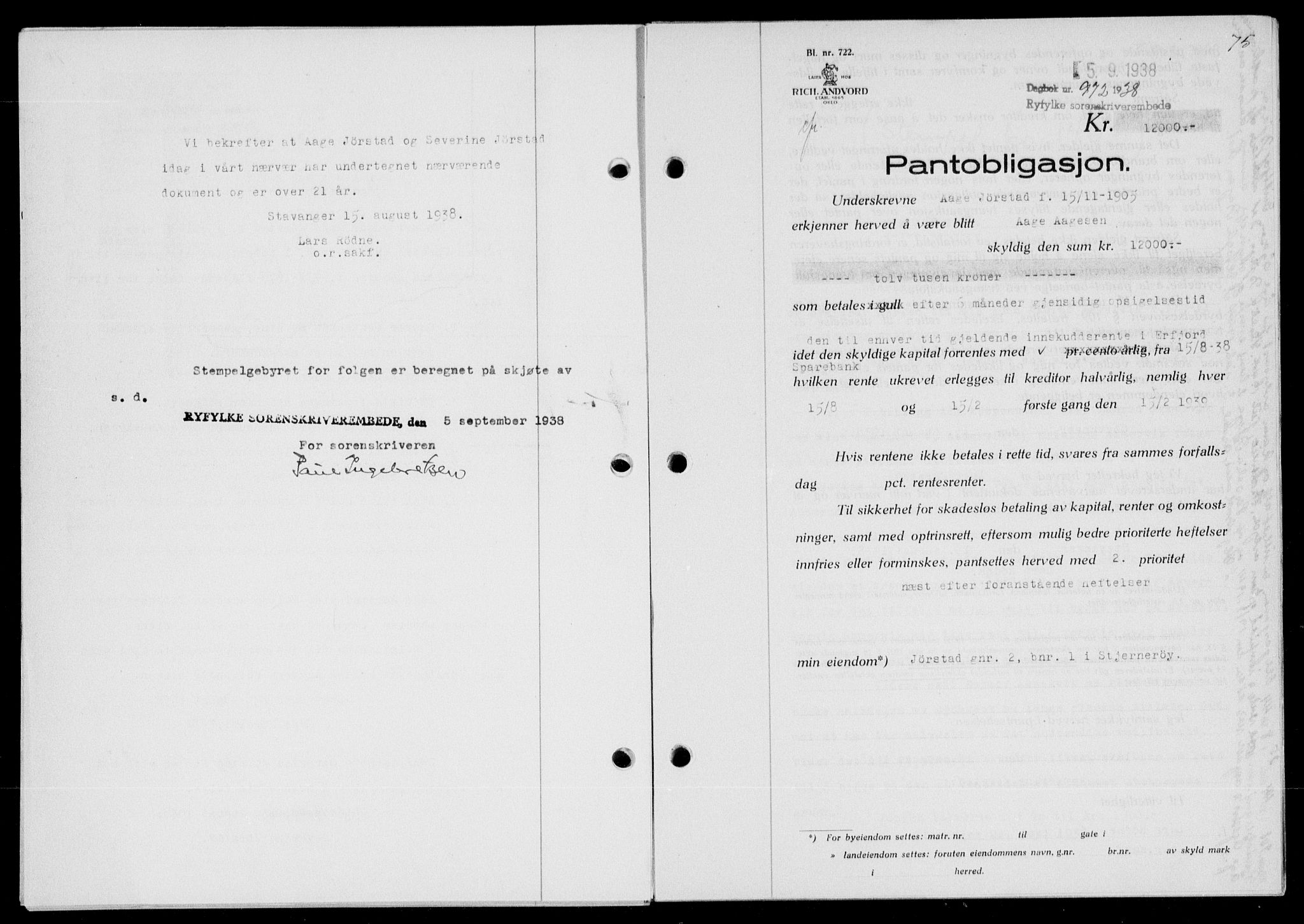 Ryfylke tingrett, SAST/A-100055/001/II/IIB/L0078: Pantebok nr. 57, 1938-1938, Dagboknr: 972/1938