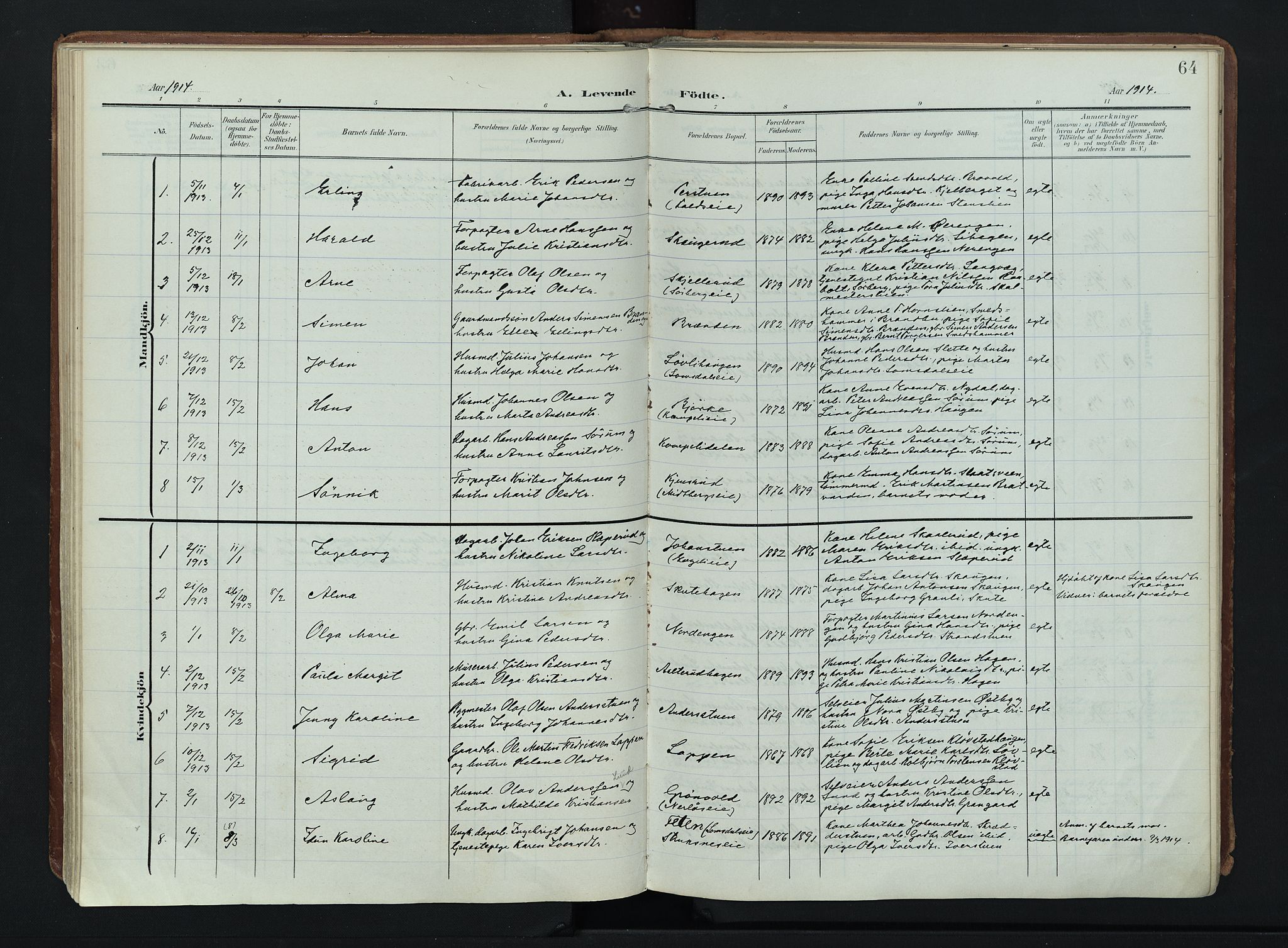 Søndre Land prestekontor, AV/SAH-PREST-122/K/L0007: Ministerialbok nr. 7, 1905-1914, s. 64