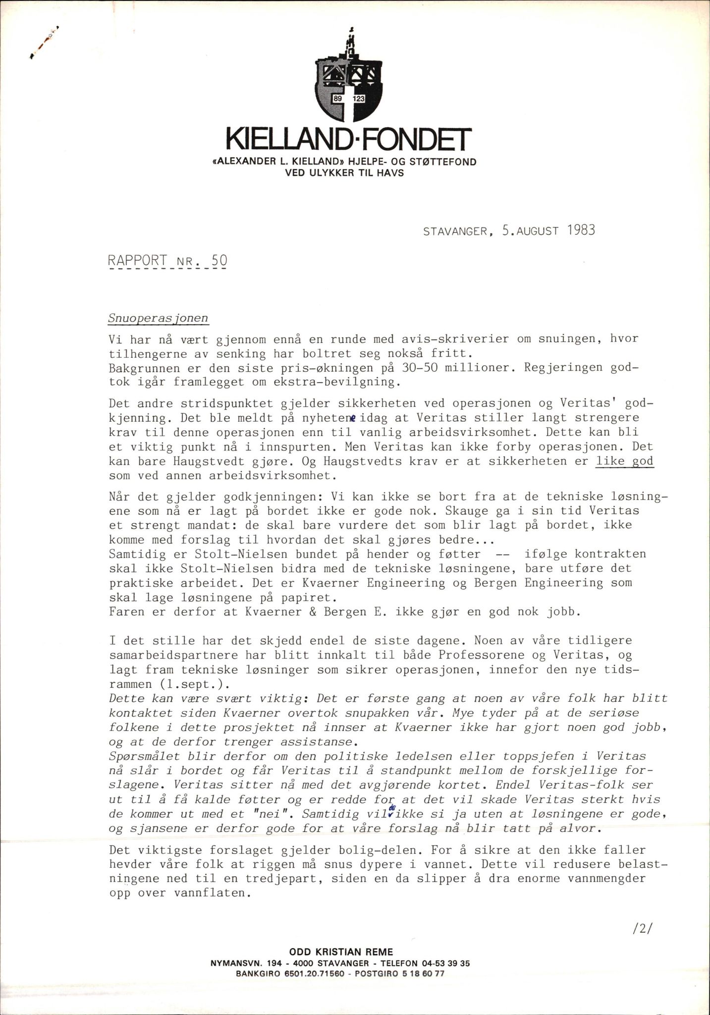 Pa 1660 - Kielland- fondet, AV/SAST-A-102242/X/Xa/L0001: Rapport til overlevende og etterlatte/ Kielland Bulletin, 1980-1998