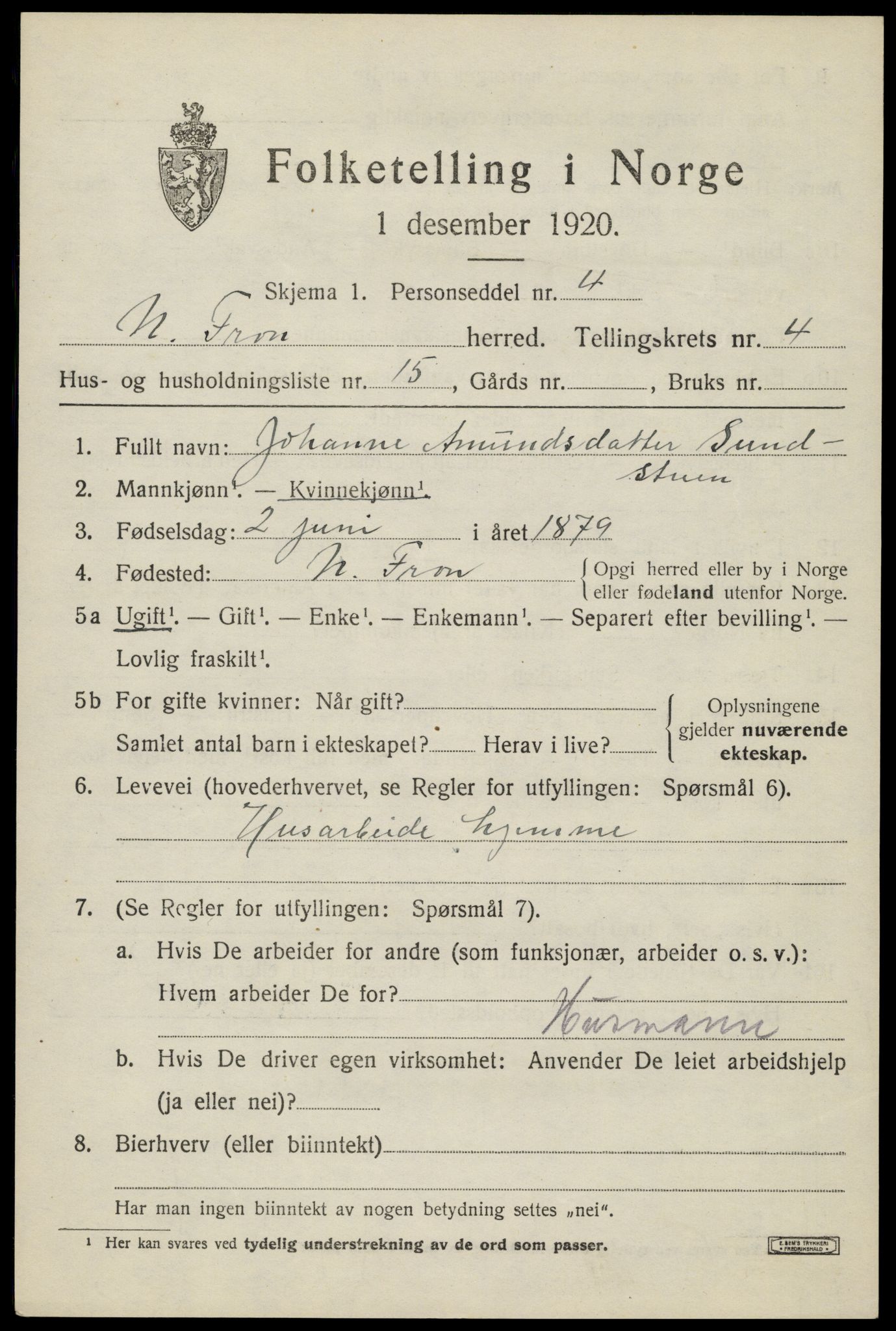 SAH, Folketelling 1920 for 0518 Nord-Fron herred, 1920, s. 4172