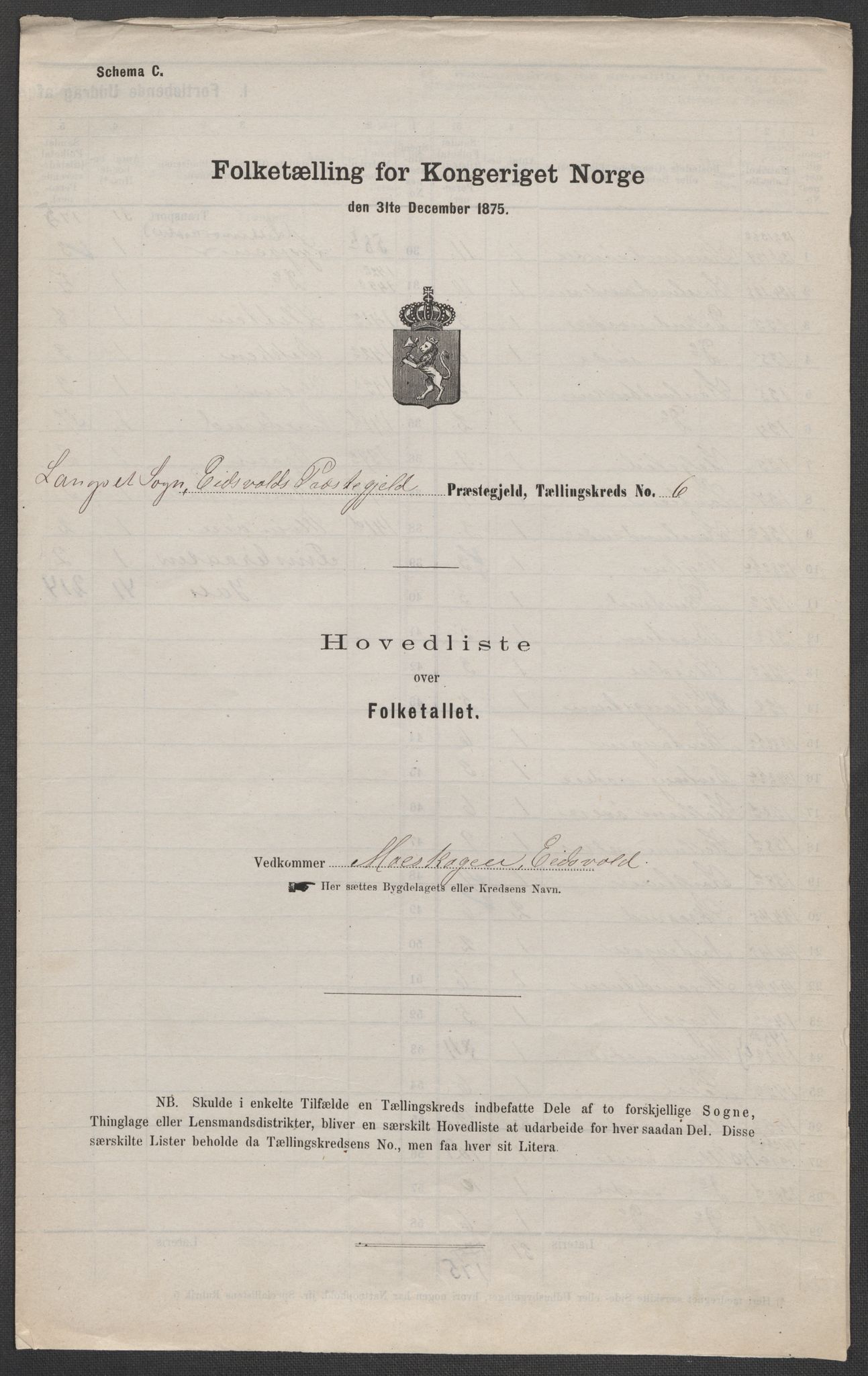RA, Folketelling 1875 for 0237P Eidsvoll prestegjeld, 1875, s. 22