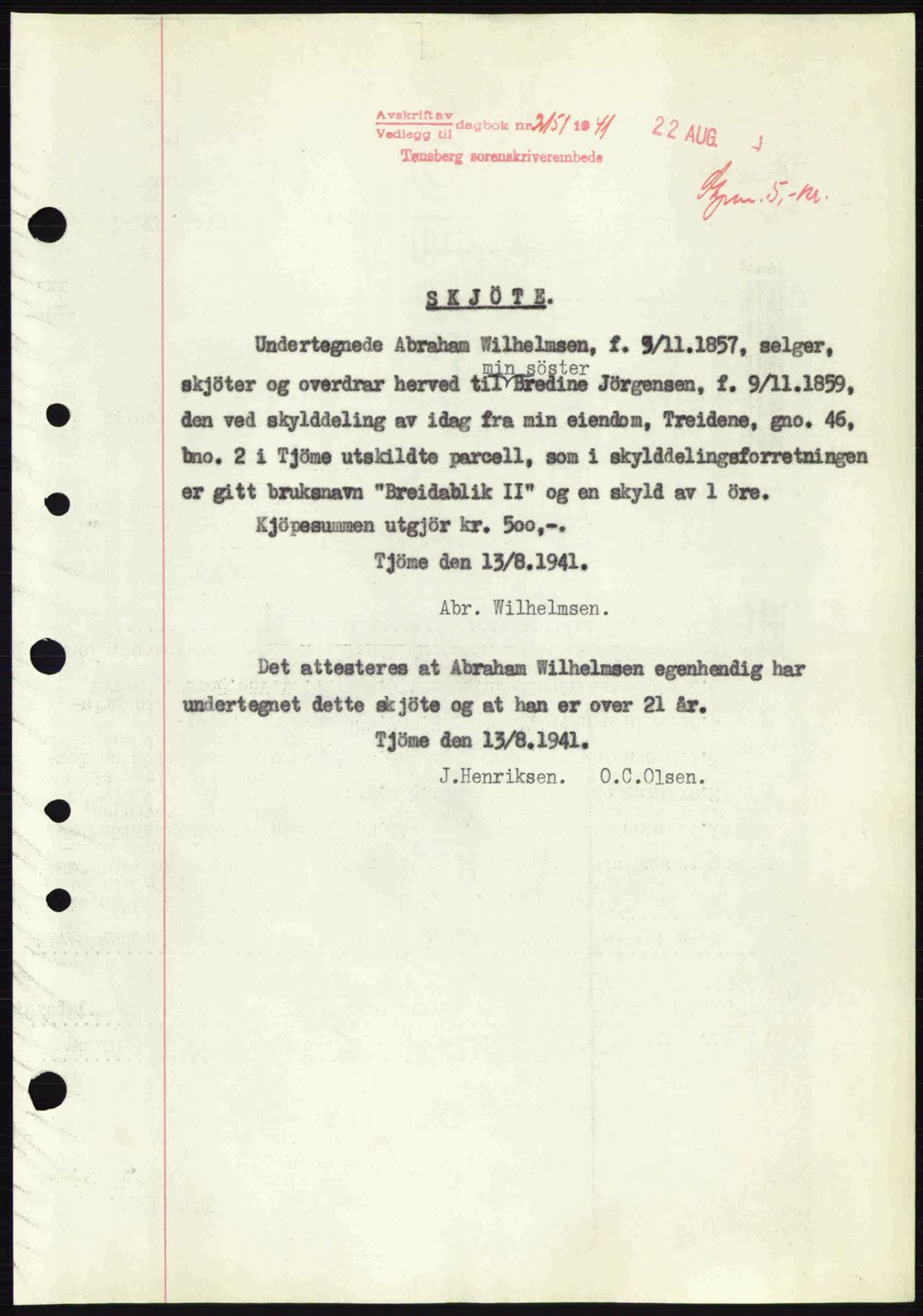 Tønsberg sorenskriveri, AV/SAKO-A-130/G/Ga/Gaa/L0010: Pantebok nr. A10, 1941-1941, Dagboknr: 2151/1941