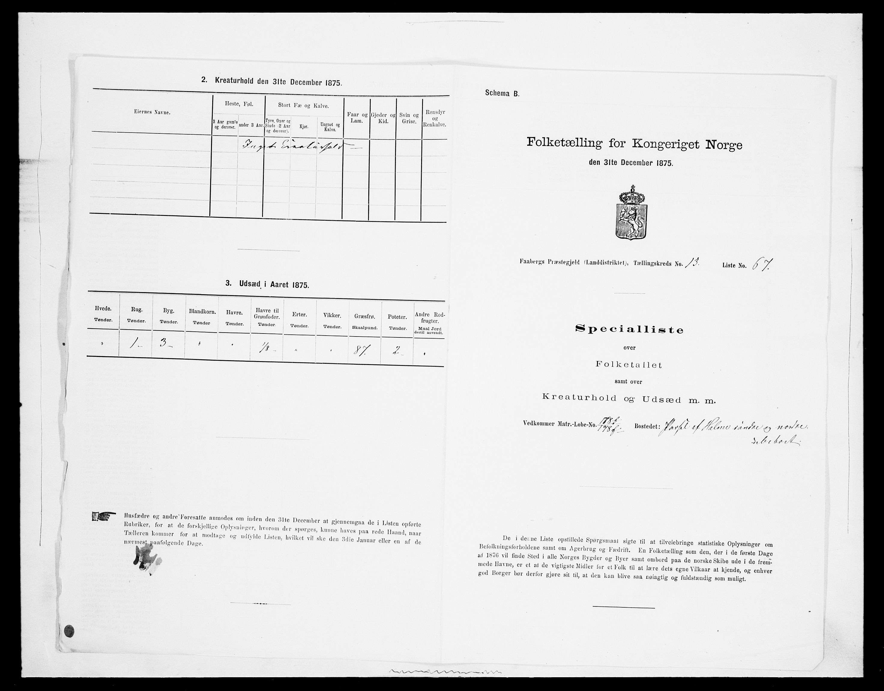 SAH, Folketelling 1875 for 0524L Fåberg prestegjeld, Fåberg sokn og Lillehammer landsokn, 1875, s. 1707