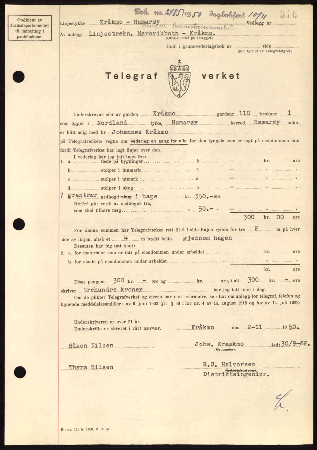 Steigen og Ofoten sorenskriveri, SAT/A-0030/1/2/2C: Pantebok nr. A21, 1950-1950, Dagboknr: 2485/1950