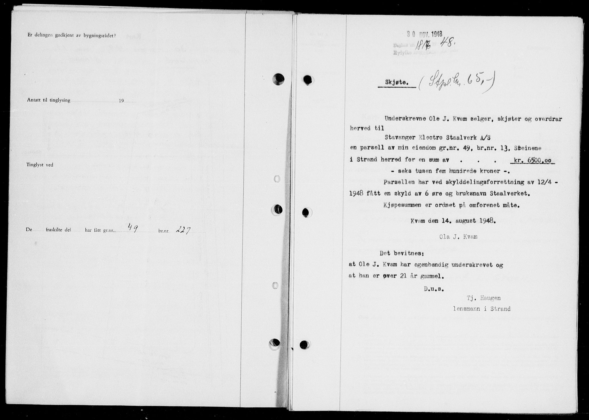 Ryfylke tingrett, SAST/A-100055/001/II/IIB/L0104: Pantebok nr. 83, 1948-1949, Dagboknr: 1817/1948