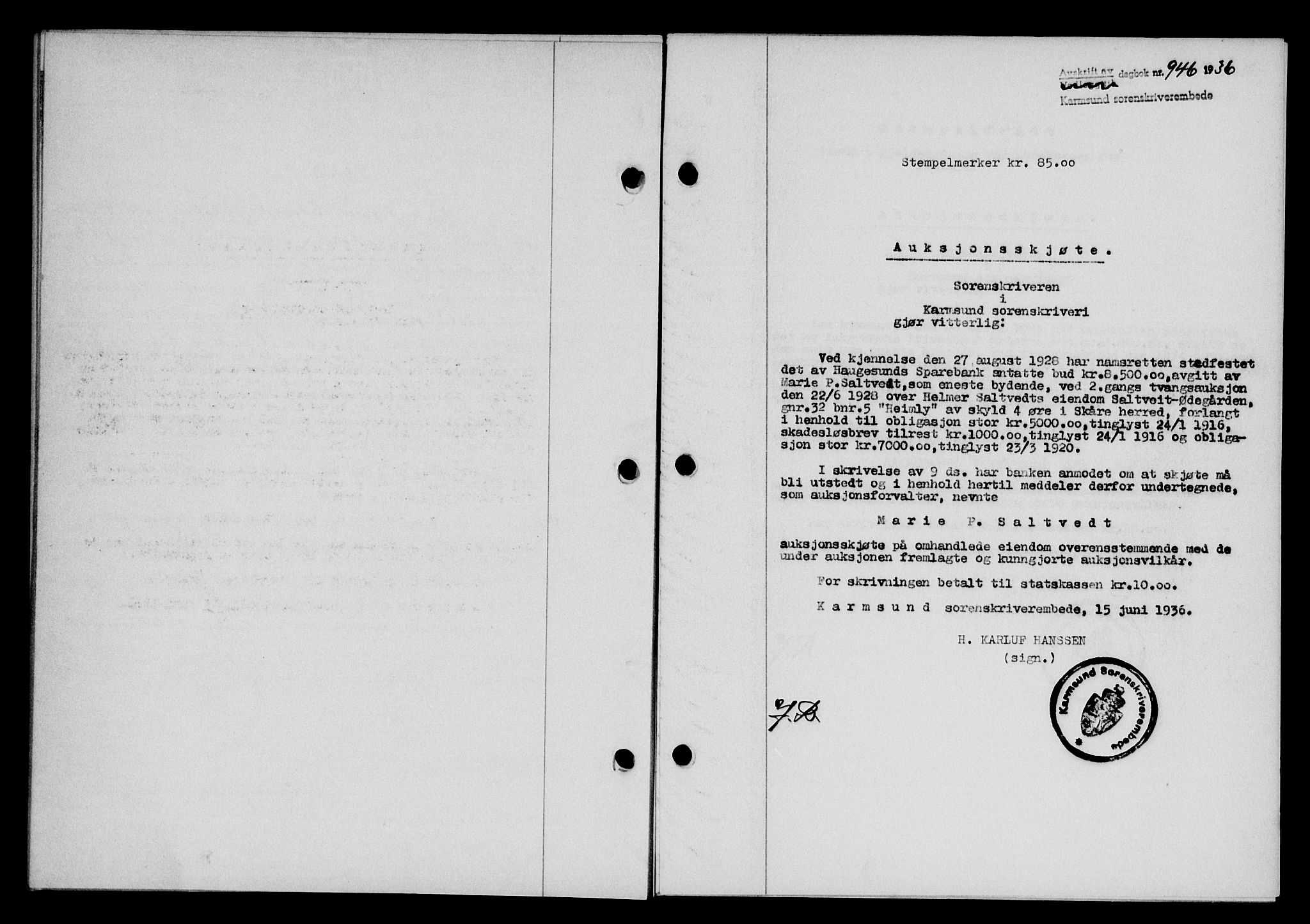 Karmsund sorenskriveri, SAST/A-100311/01/II/IIB/L0066: Pantebok nr. 47A, 1936-1936, Dagboknr: 946/1936