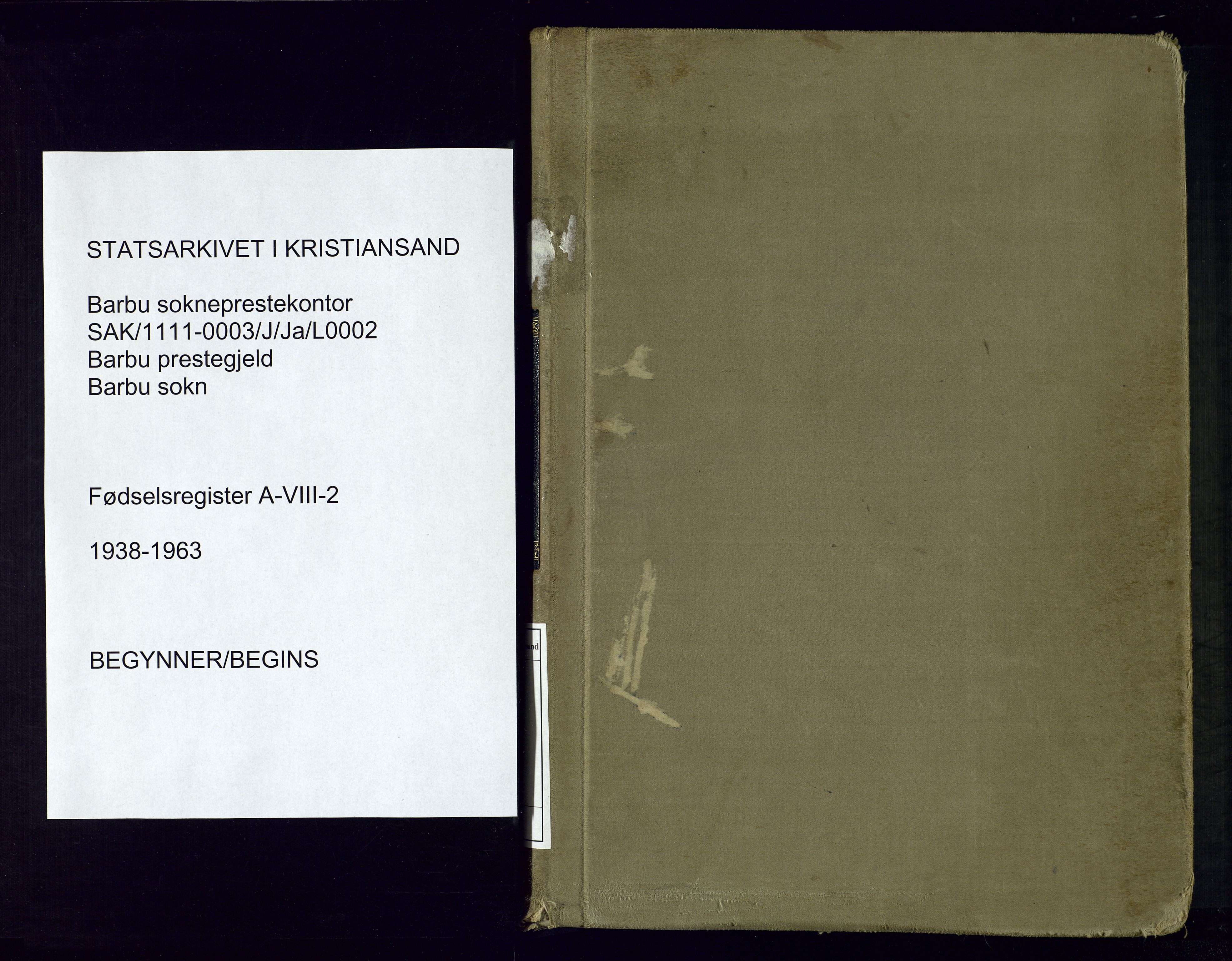 Barbu sokneprestkontor, SAK/1111-0003/J/Ja/L0002: Fødselsregister nr. A-VIII-2, 1938-1963