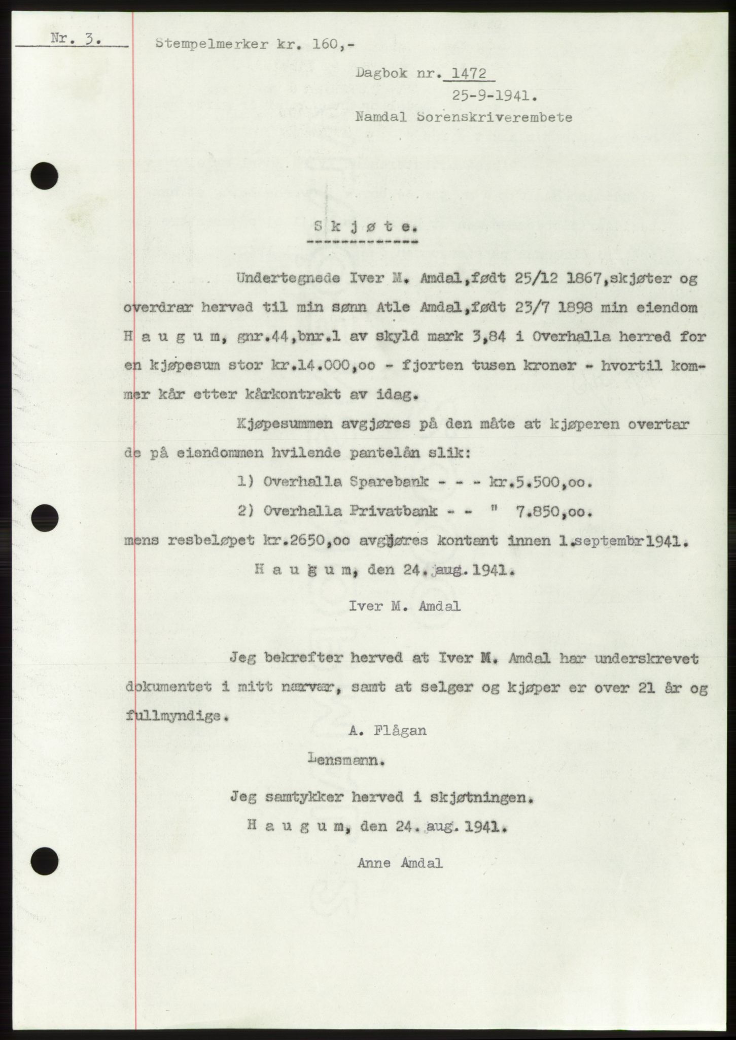 Namdal sorenskriveri, SAT/A-4133/1/2/2C: Pantebok nr. -, 1941-1942, Dagboknr: 1472/1941