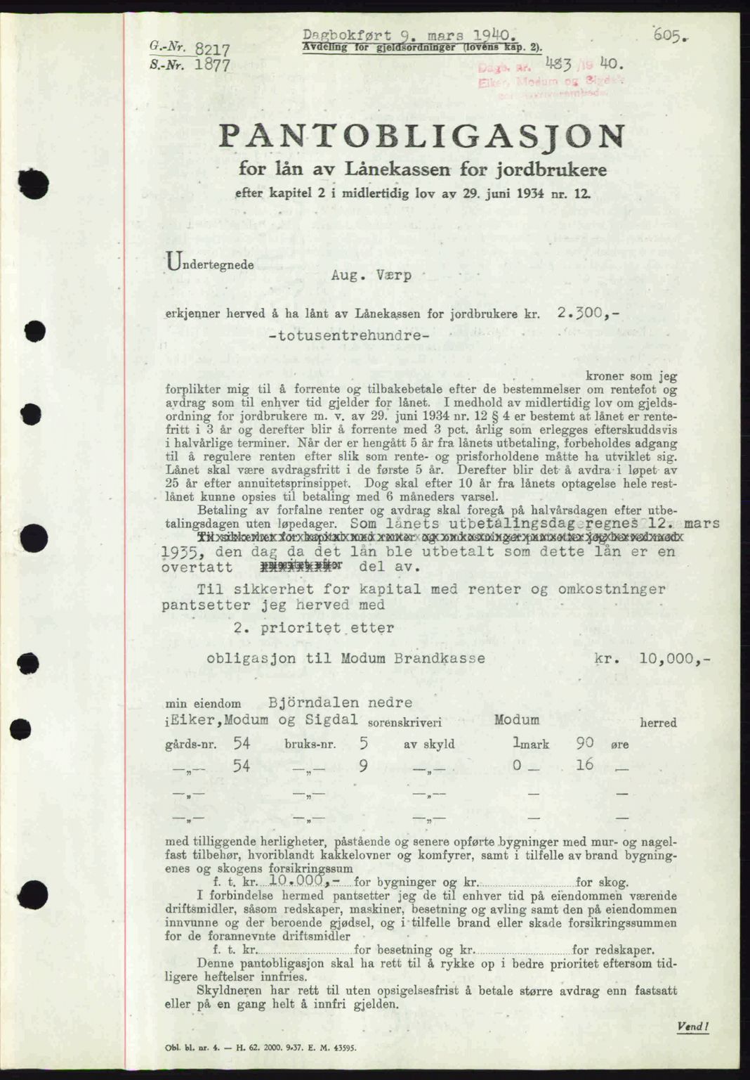 Eiker, Modum og Sigdal sorenskriveri, SAKO/A-123/G/Ga/Gab/L0041: Pantebok nr. A11, 1939-1940, Dagboknr: 483/1940
