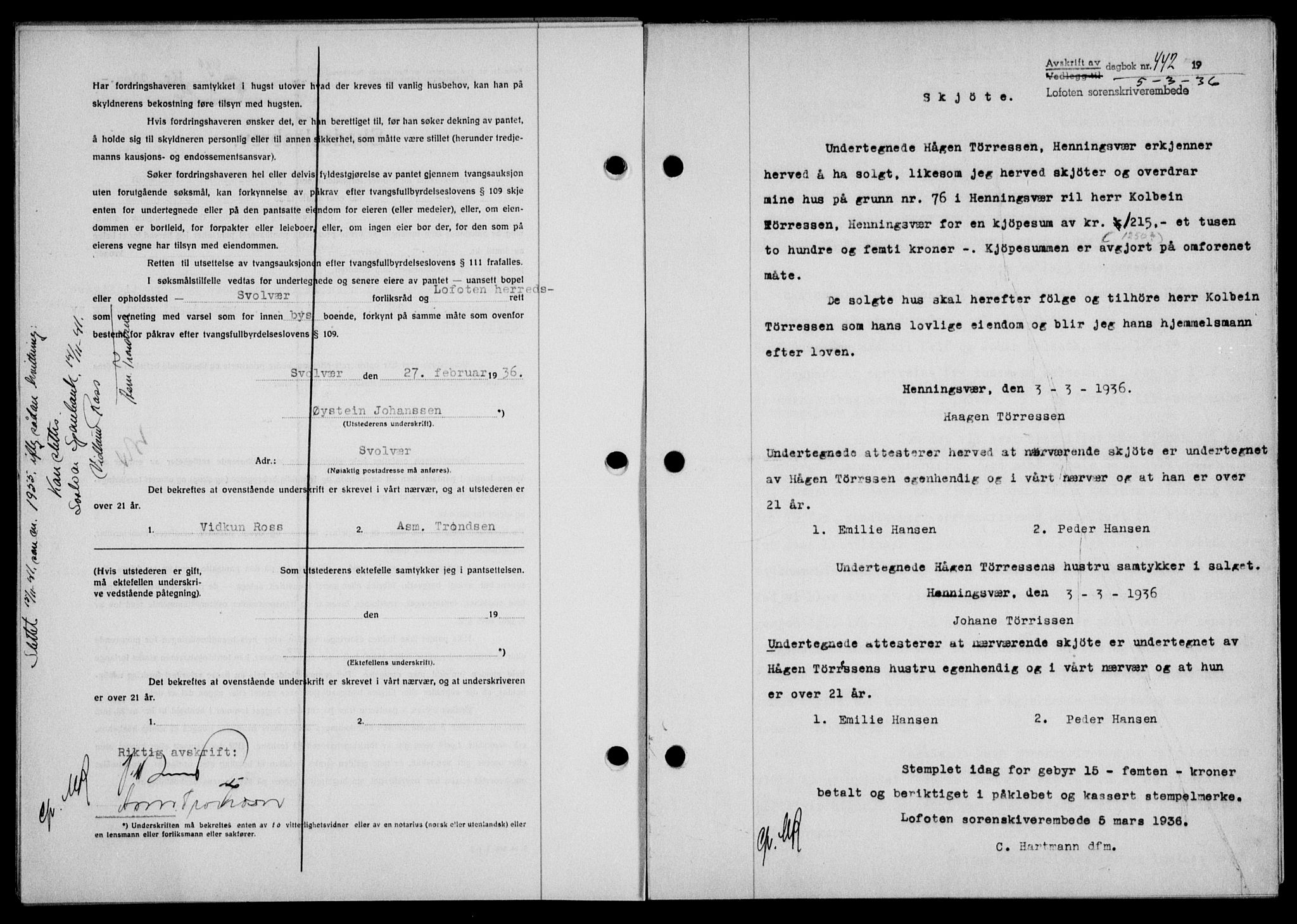Lofoten sorenskriveri, SAT/A-0017/1/2/2C/L0033b: Pantebok nr. 33b, 1936-1936, Dagboknr: 442/1936