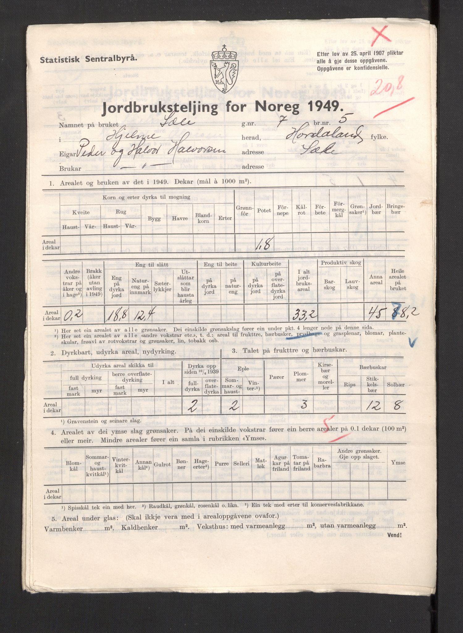 Statistisk sentralbyrå, Næringsøkonomiske emner, Jordbruk, skogbruk, jakt, fiske og fangst, AV/RA-S-2234/G/Gc/L0276: Hordaland: Herdla og Hjelme, 1949, s. 1320