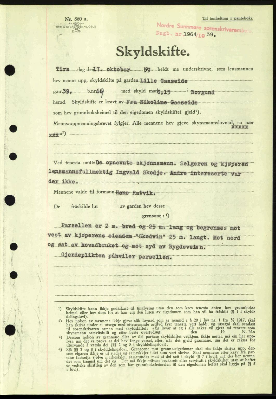 Nordre Sunnmøre sorenskriveri, AV/SAT-A-0006/1/2/2C/2Ca: Pantebok nr. A8, 1939-1940, Dagboknr: 1964/1939