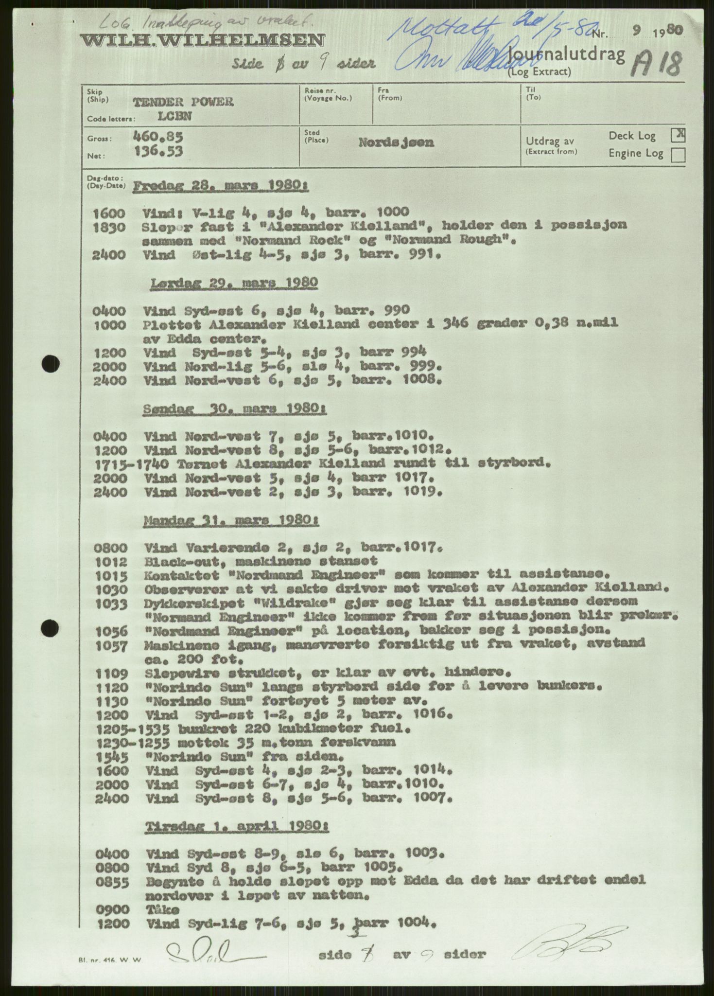 Justisdepartementet, Granskningskommisjonen ved Alexander Kielland-ulykken 27.3.1980, RA/S-1165/D/L0006: A Alexander L. Kielland (Doku.liste + A3-A6, A11-A13, A18-A20-A21, A23, A31 av 31)/Dykkerjournaler, 1980-1981, s. 72