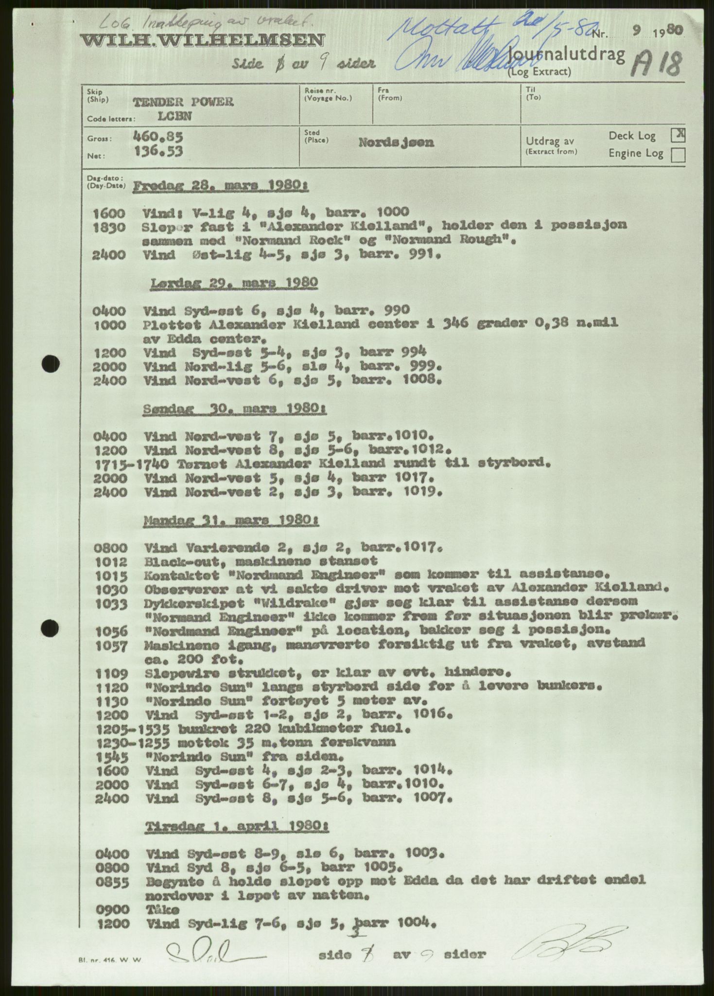 Justisdepartementet, Granskningskommisjonen ved Alexander Kielland-ulykken 27.3.1980, AV/RA-S-1165/D/L0006: A Alexander L. Kielland (Doku.liste + A3-A6, A11-A13, A18-A20-A21, A23, A31 av 31)/Dykkerjournaler, 1980-1981, s. 72