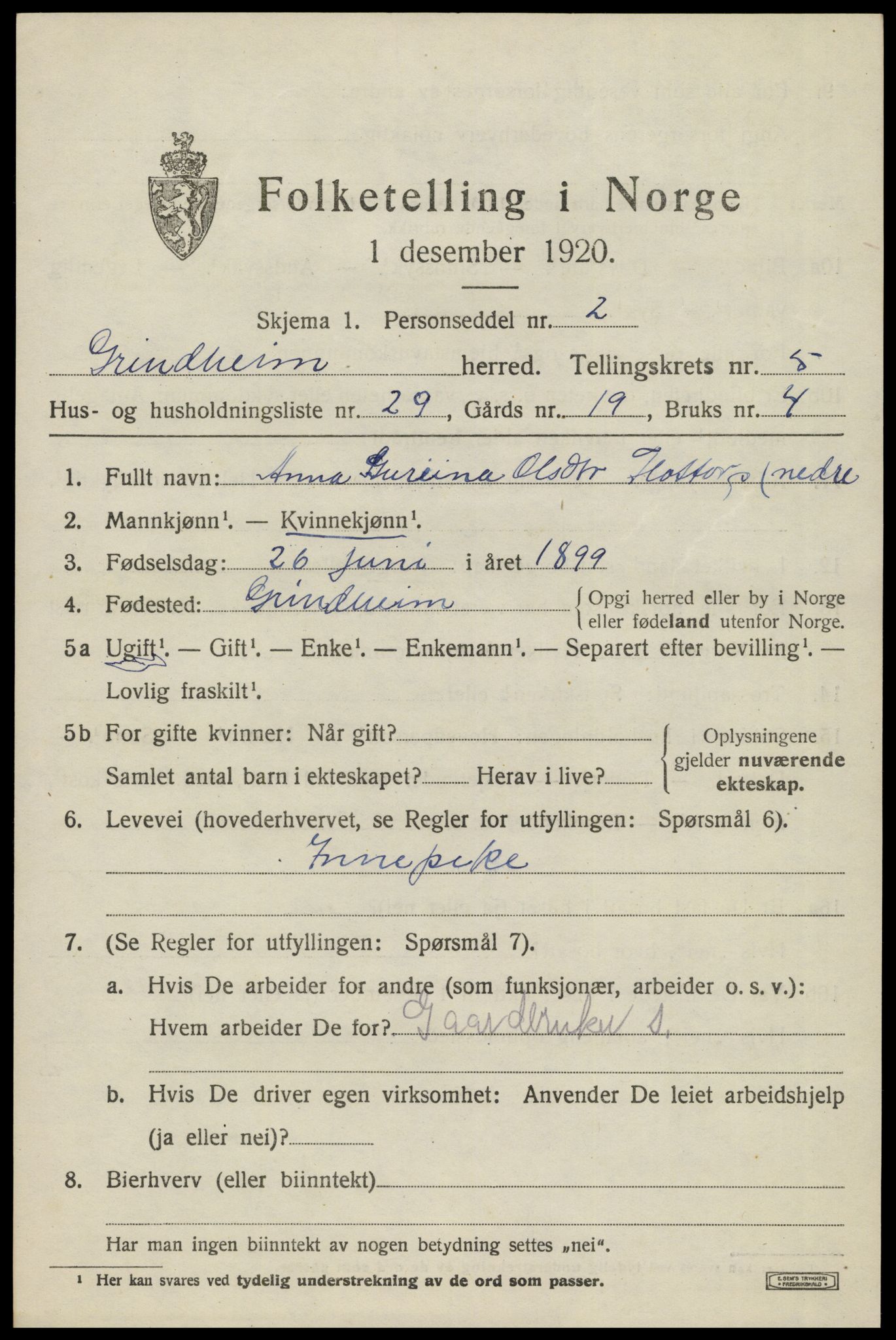 SAK, Folketelling 1920 for 1025 Grindheim herred, 1920, s. 1853