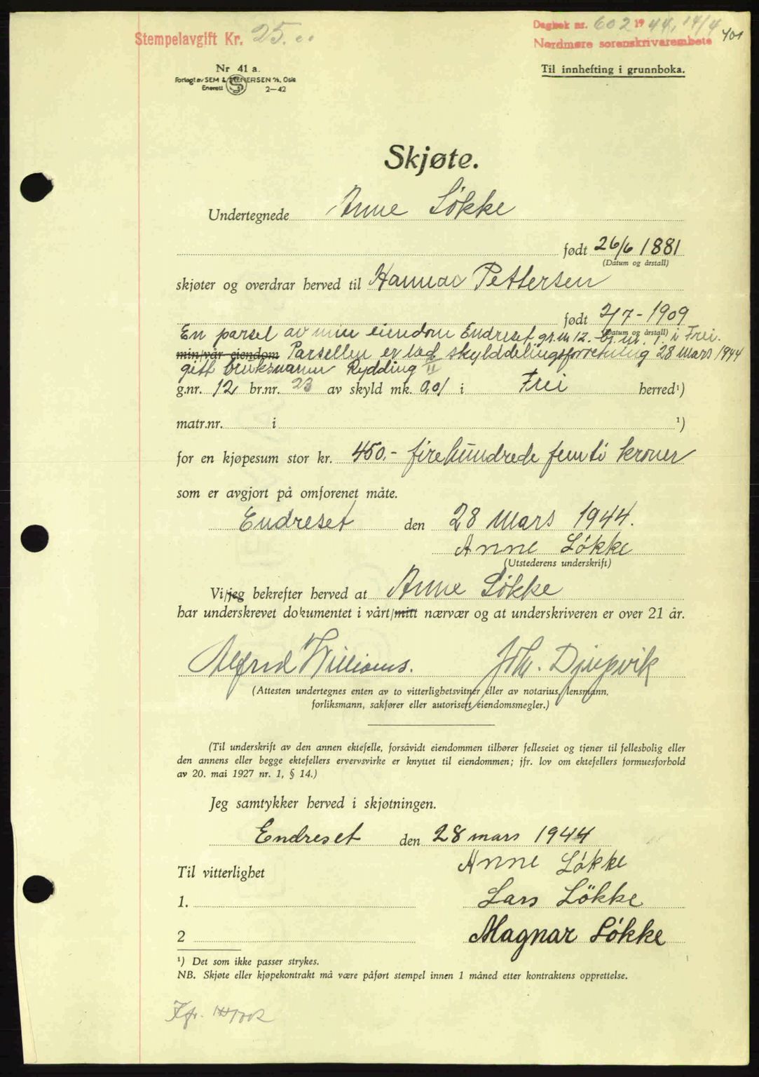 Nordmøre sorenskriveri, AV/SAT-A-4132/1/2/2Ca: Pantebok nr. A97, 1944-1944, Dagboknr: 602/1944