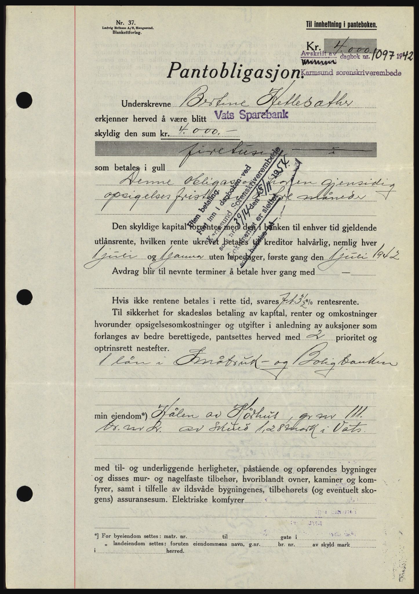 Karmsund sorenskriveri, SAST/A-100311/01/II/IIBBE/L0008: Pantebok nr. B 54, 1942-1943, Dagboknr: 1097/1942