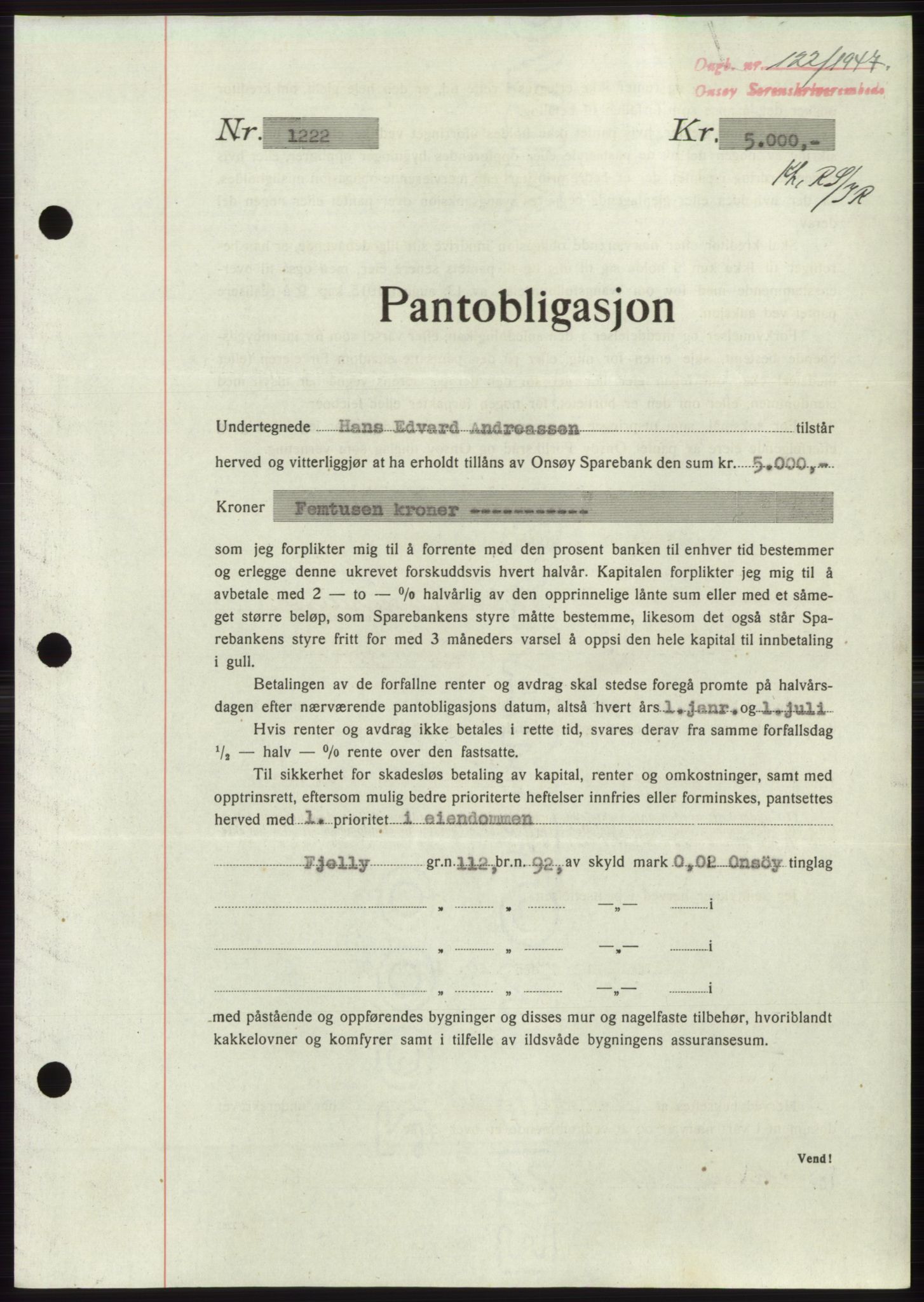 Onsøy sorenskriveri, SAO/A-10474/G/Ga/Gac/L0005: Pantebok nr. B 9-5, 1946-1947, Dagboknr: 122/1947