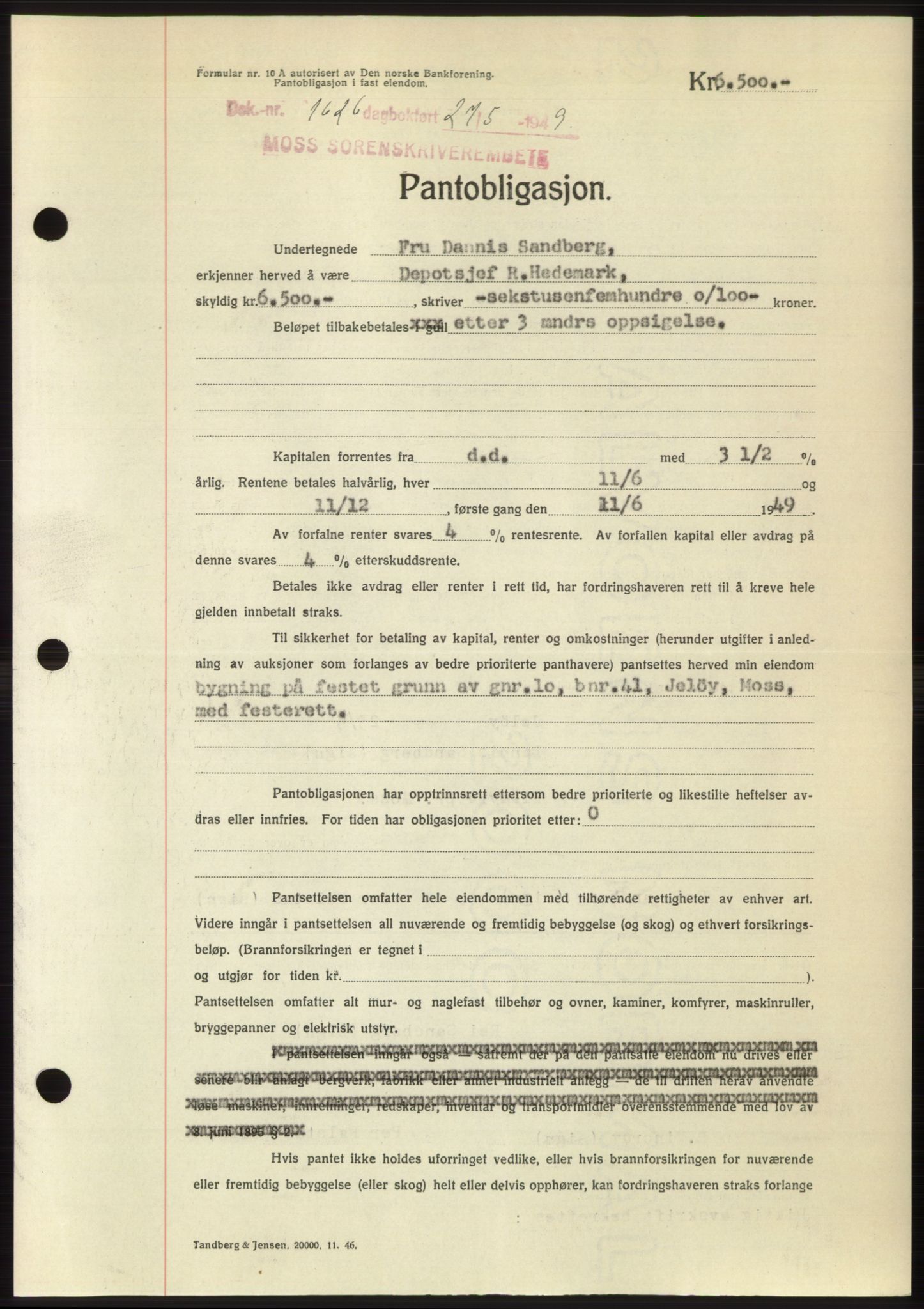 Moss sorenskriveri, SAO/A-10168: Pantebok nr. B22, 1949-1949, Dagboknr: 1626/1949