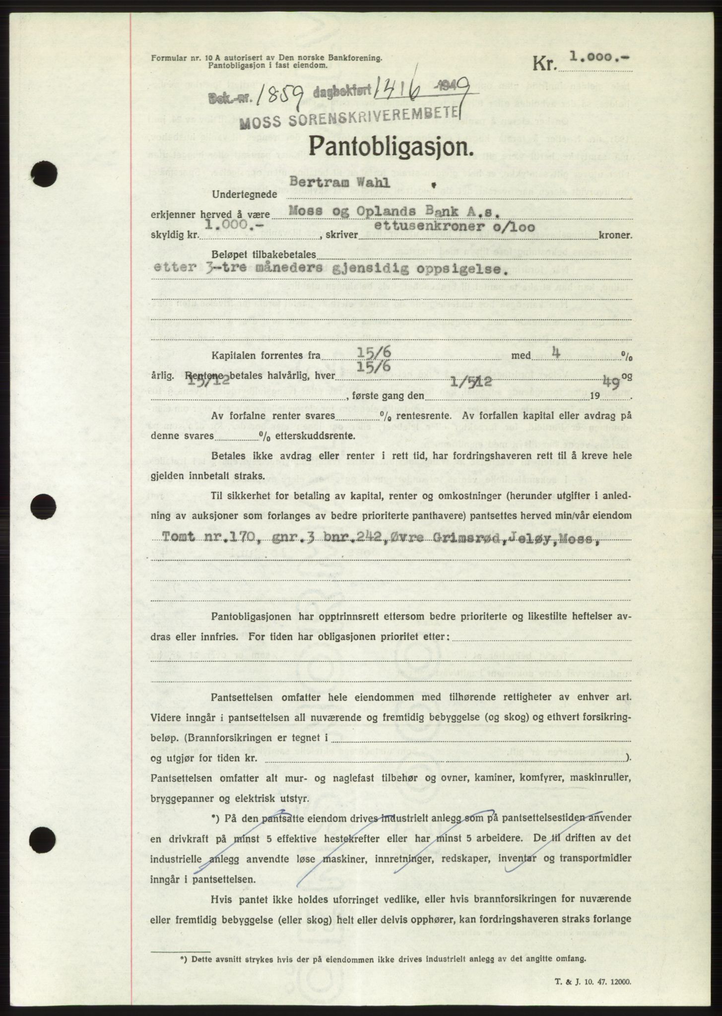 Moss sorenskriveri, SAO/A-10168: Pantebok nr. B22, 1949-1949, Dagboknr: 1859/1949