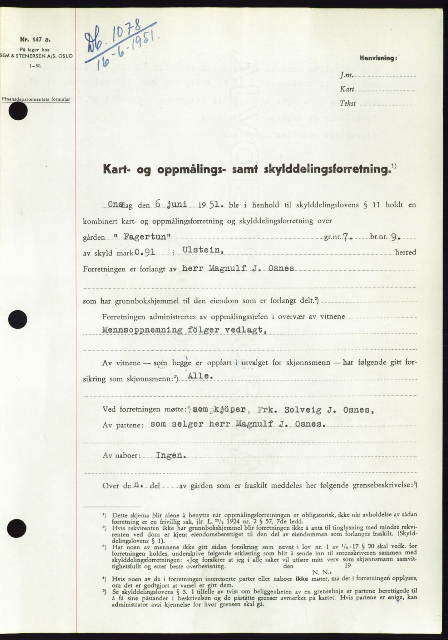 Søre Sunnmøre sorenskriveri, SAT/A-4122/1/2/2C/L0089: Pantebok nr. 15A, 1951-1951, Dagboknr: 1078/1951