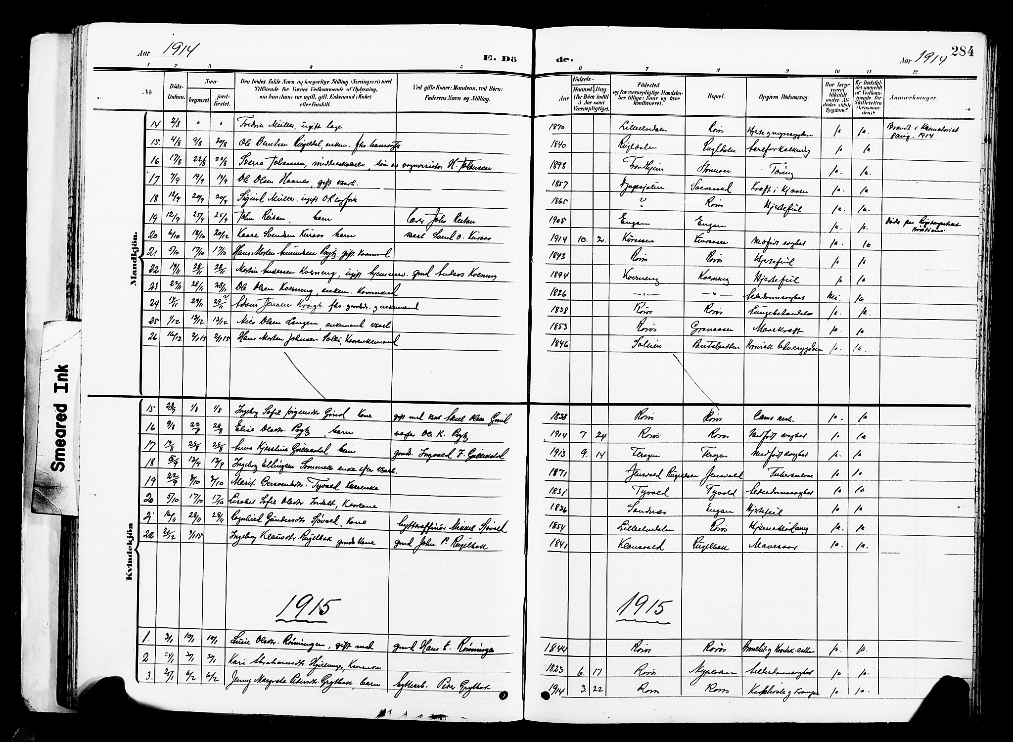 Ministerialprotokoller, klokkerbøker og fødselsregistre - Sør-Trøndelag, AV/SAT-A-1456/681/L0942: Klokkerbok nr. 681C06, 1906-1925, s. 284