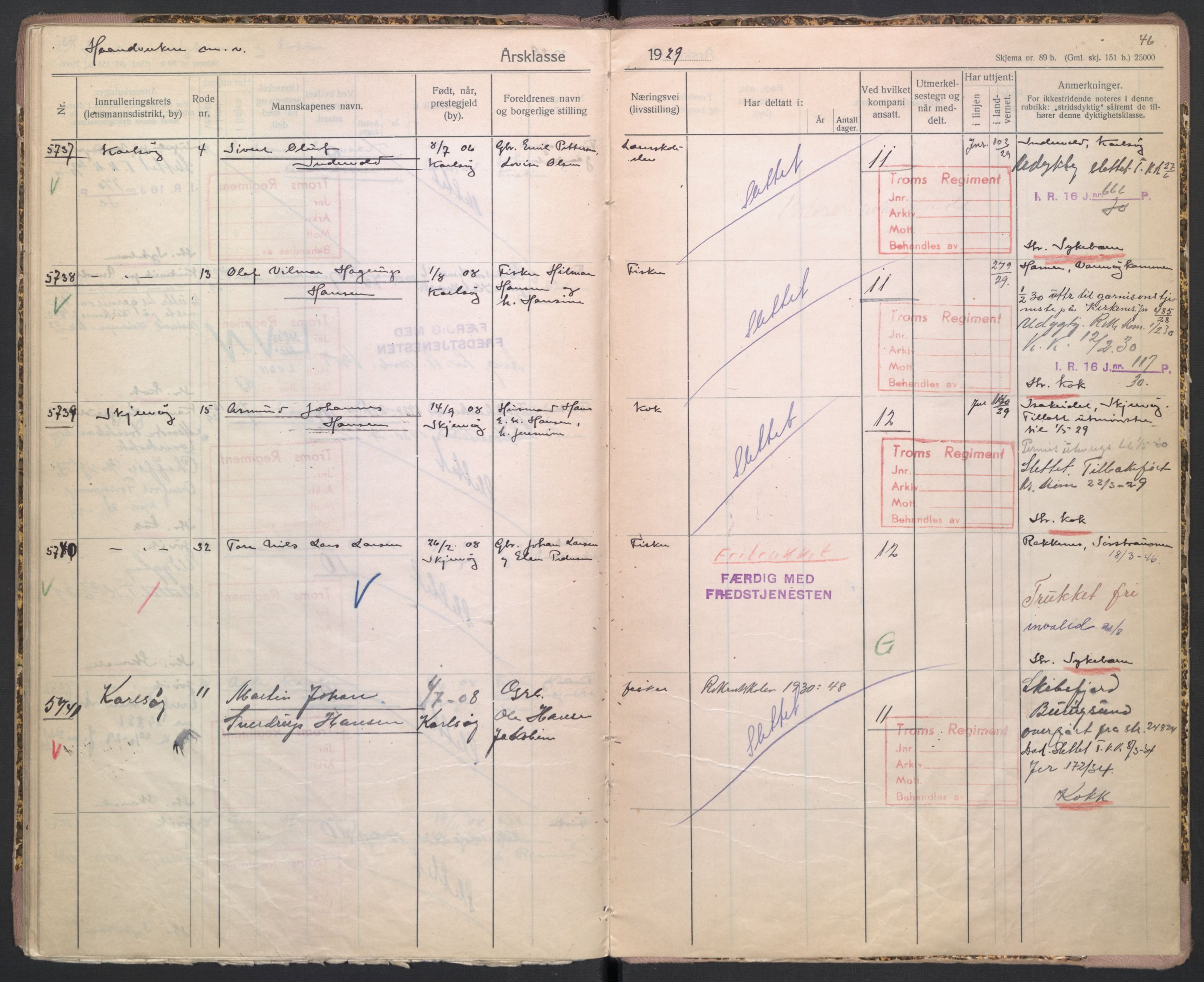 Forsvaret, Troms infanteriregiment nr. 16, AV/RA-RAFA-3146/P/Pa/L0005/0002: Ruller / Rulle for Lyngen bataljons menige mannskaper, årsklasse 1929, 1929, s. 46