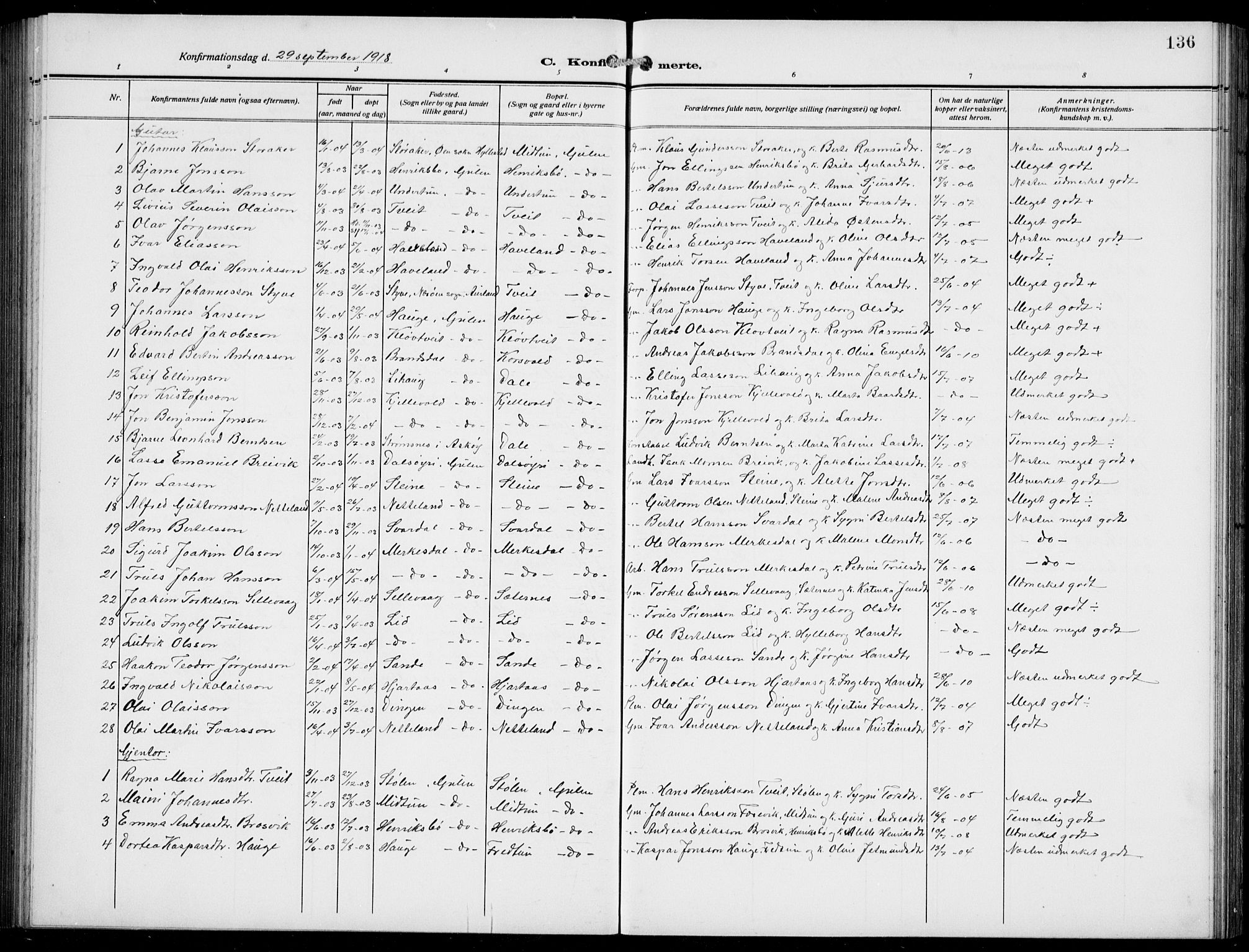 Gulen sokneprestembete, AV/SAB-A-80201/H/Hab/Habb/L0004: Klokkerbok nr. B 4, 1908-1936, s. 136