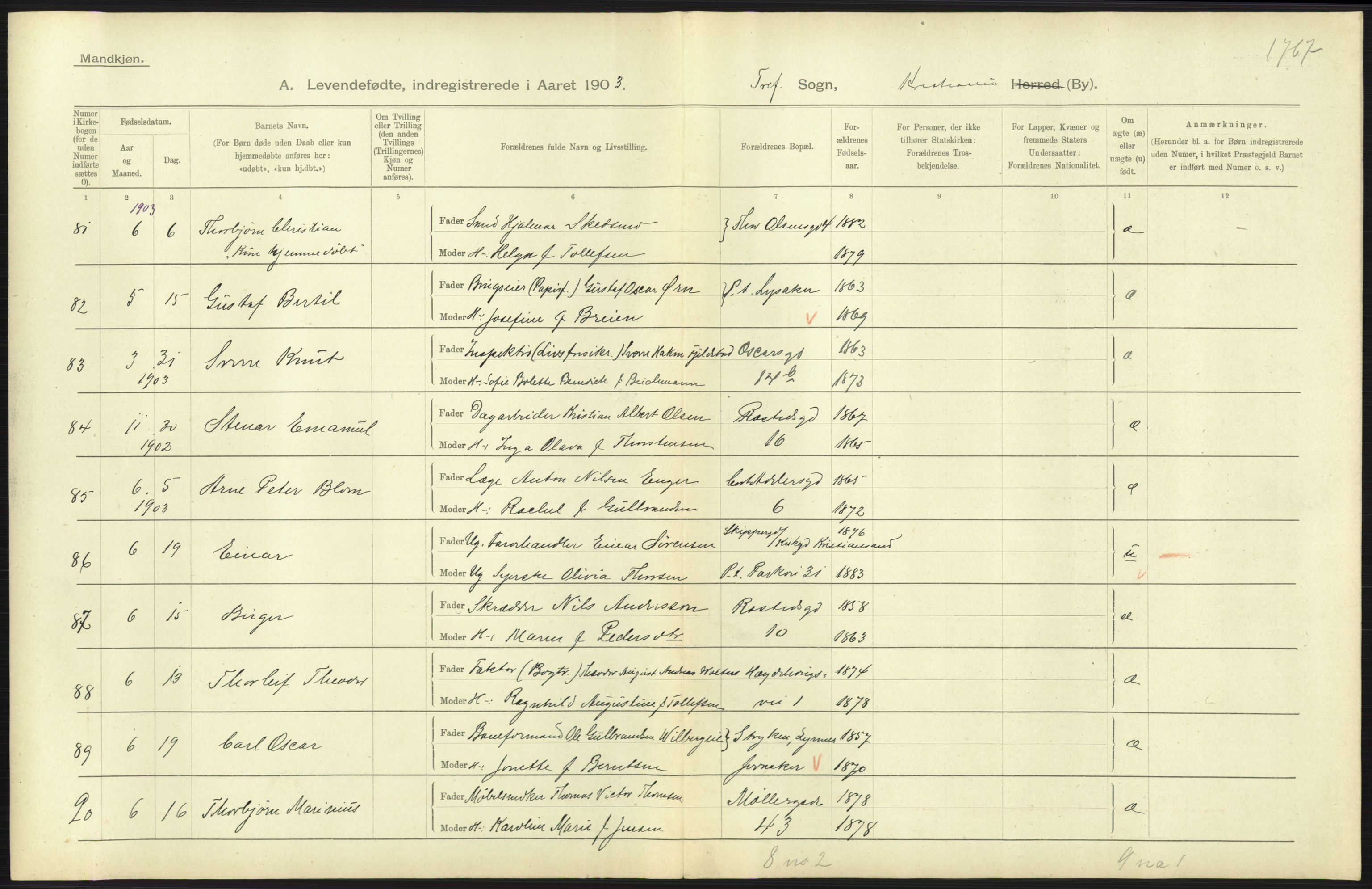 Statistisk sentralbyrå, Sosiodemografiske emner, Befolkning, AV/RA-S-2228/D/Df/Dfa/Dfaa/L0003: Kristiania: Fødte, 1903, s. 237