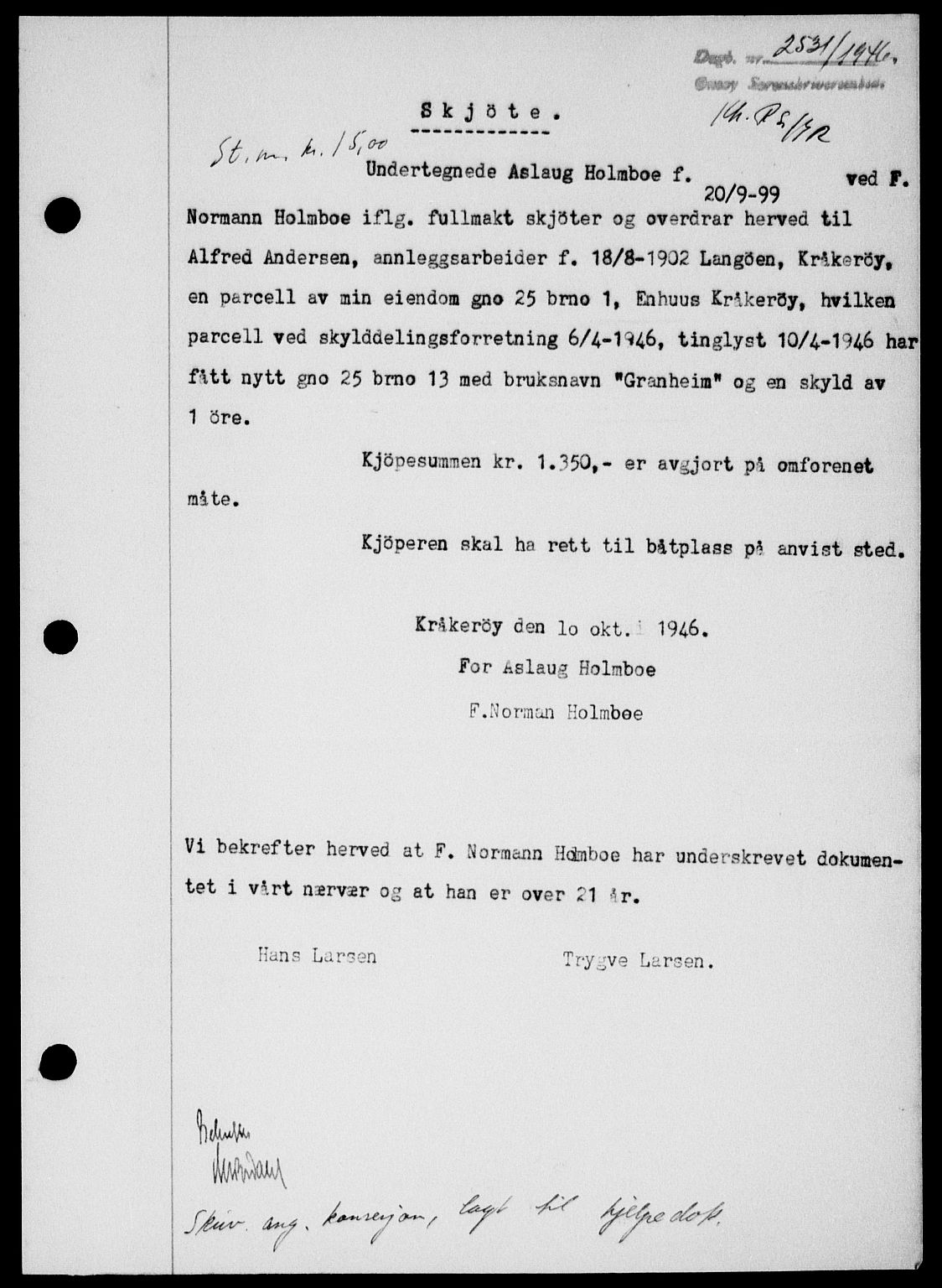 Onsøy sorenskriveri, SAO/A-10474/G/Ga/Gab/L0017: Pantebok nr. II A-17, 1946-1946, Dagboknr: 2531/1946