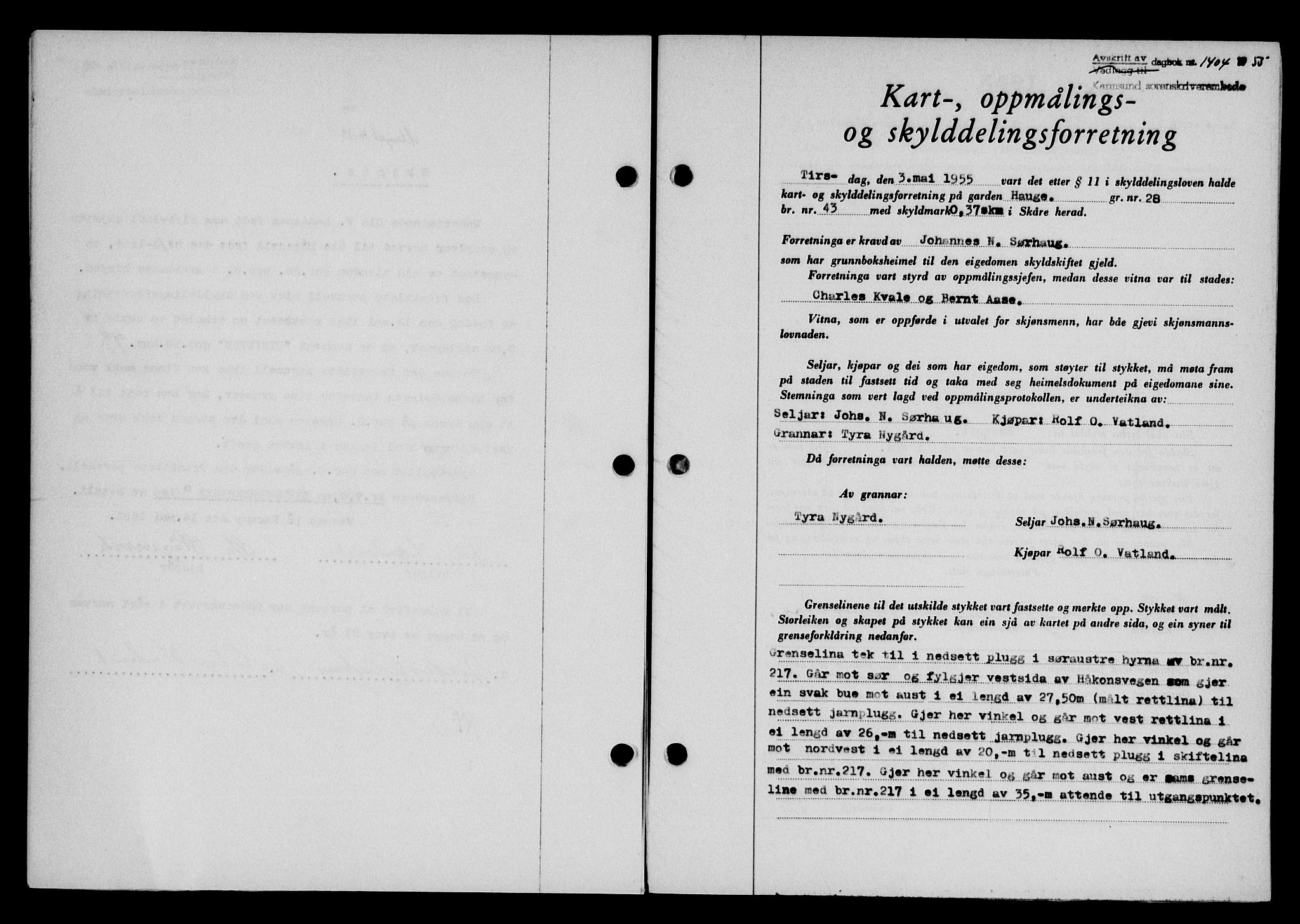 Karmsund sorenskriveri, AV/SAST-A-100311/01/II/IIB/L0115: Pantebok nr. 95A, 1955-1955, Dagboknr: 1404/1955