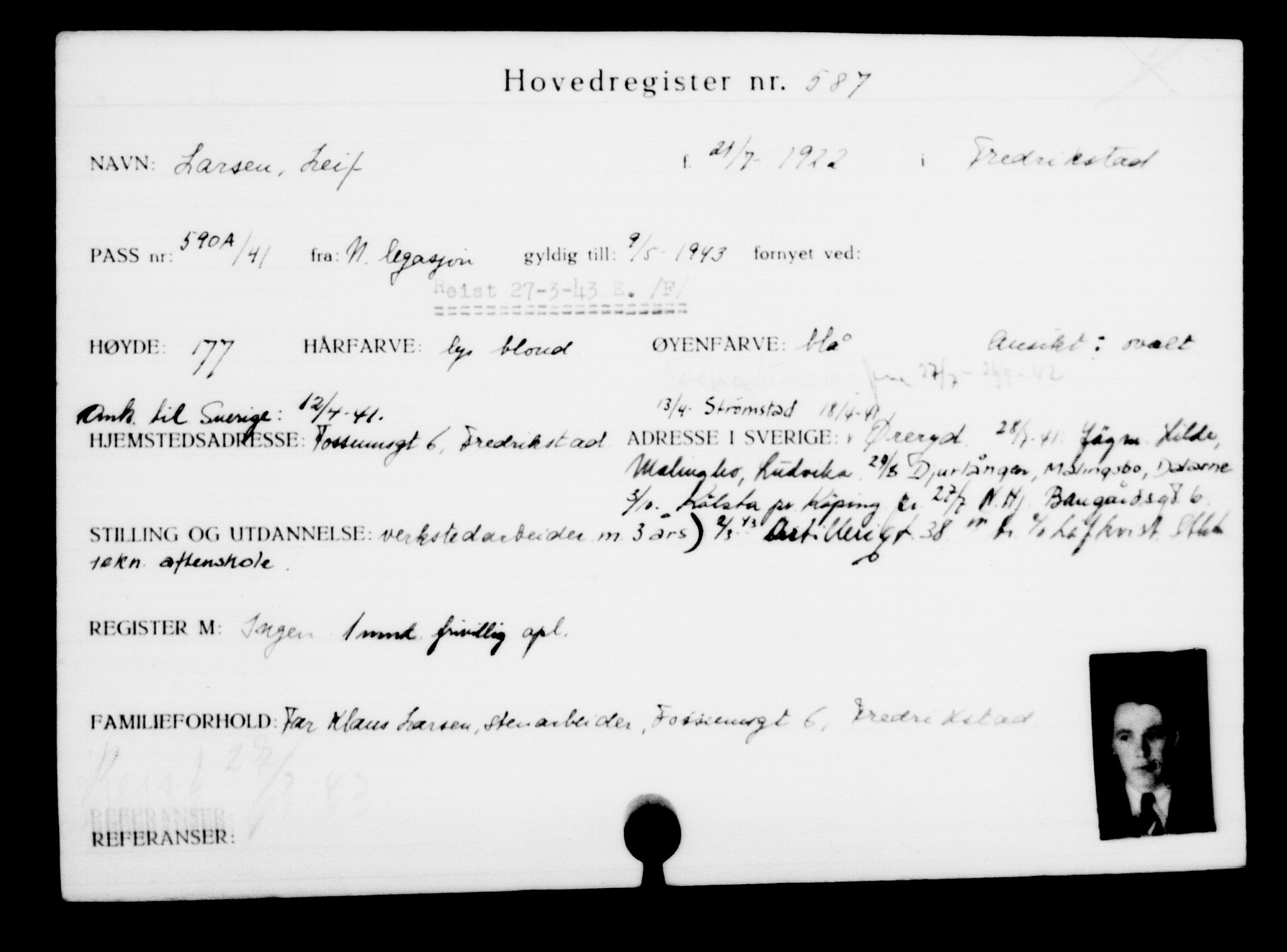 Utenriksstasjonene, Legasjonen i Stockholm, Flyktningkontoret, AV/RA-S-6753/V/Va/L0001: Kjesäterkartoteket, flyktninger med registreringsnr. 1-1000, 1940-1945, s. 914