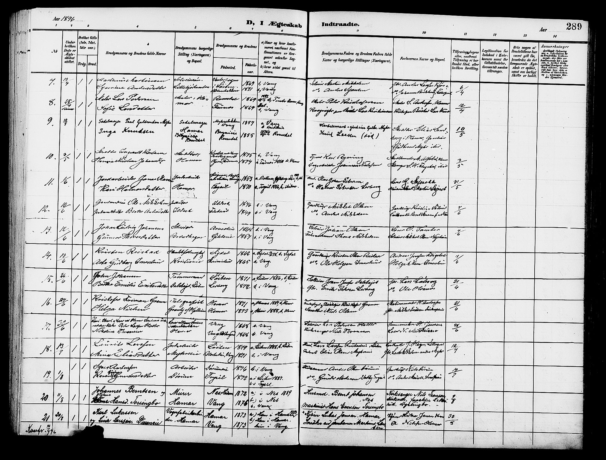 Vang prestekontor, Hedmark, AV/SAH-PREST-008/H/Ha/Hab/L0014: Klokkerbok nr. 14, 1896-1914, s. 289