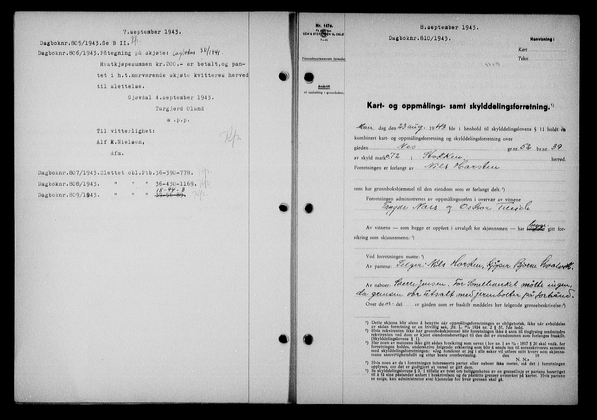 Nedenes sorenskriveri, SAK/1221-0006/G/Gb/Gba/L0051: Pantebok nr. A-V, 1943-1944, Dagboknr: 810/1943