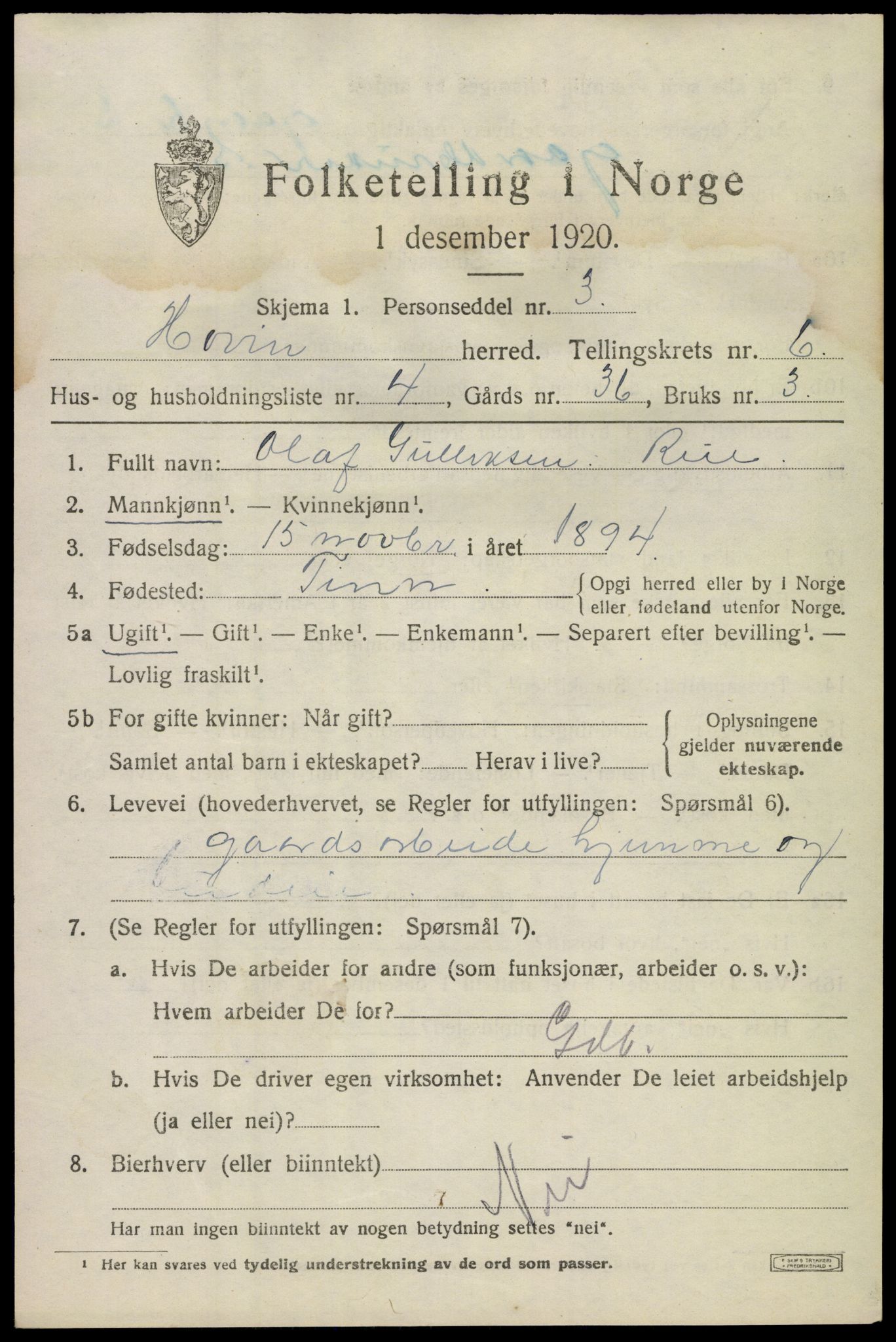 SAKO, Folketelling 1920 for 0825 Hovin herred, 1920, s. 1477