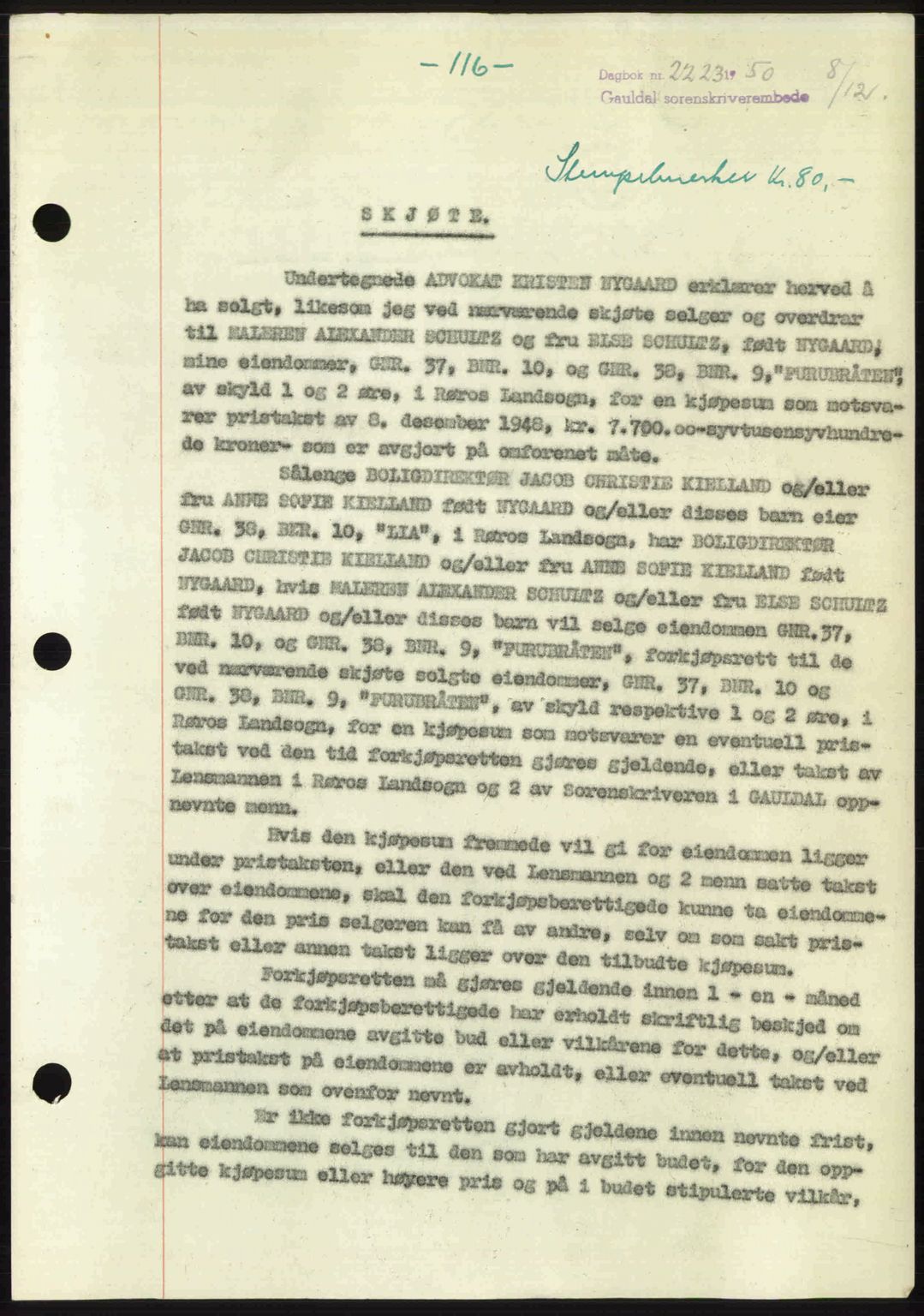 Gauldal sorenskriveri, SAT/A-0014/1/2/2C: Pantebok nr. A11, 1950-1950, Dagboknr: 2223/1950