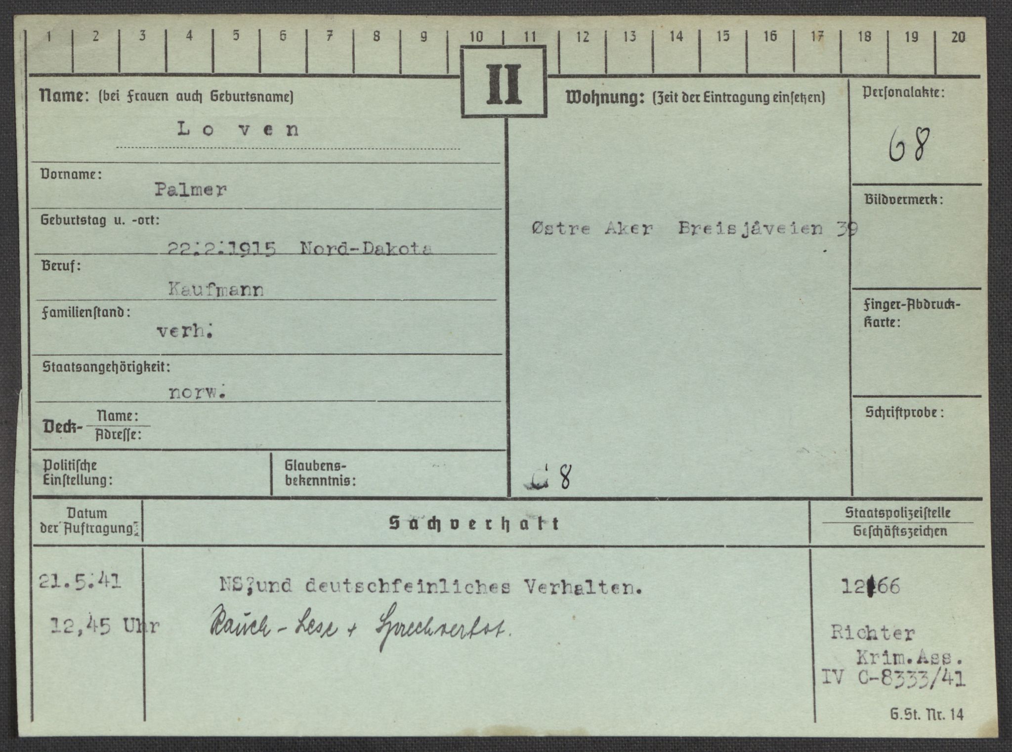 Befehlshaber der Sicherheitspolizei und des SD, AV/RA-RAFA-5969/E/Ea/Eaa/L0006: Register over norske fanger i Møllergata 19: Kj-Lund, 1940-1945, s. 1265