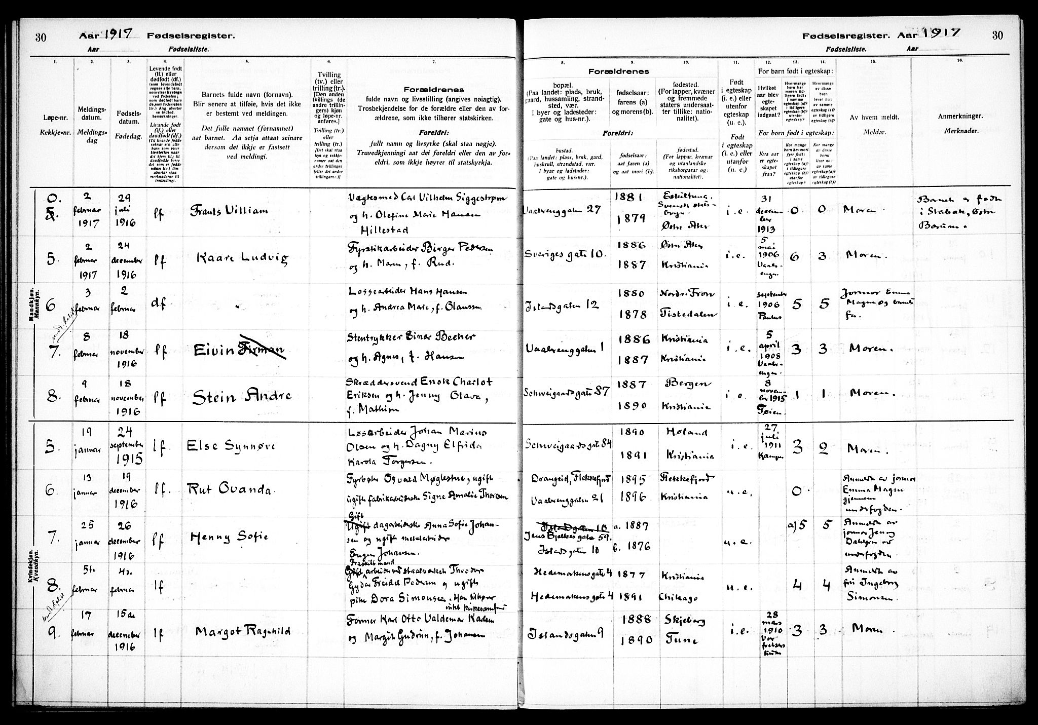 Vålerengen prestekontor Kirkebøker, SAO/A-10878/J/Ja/L0001: Fødselsregister nr. 1, 1916-1924, s. 30