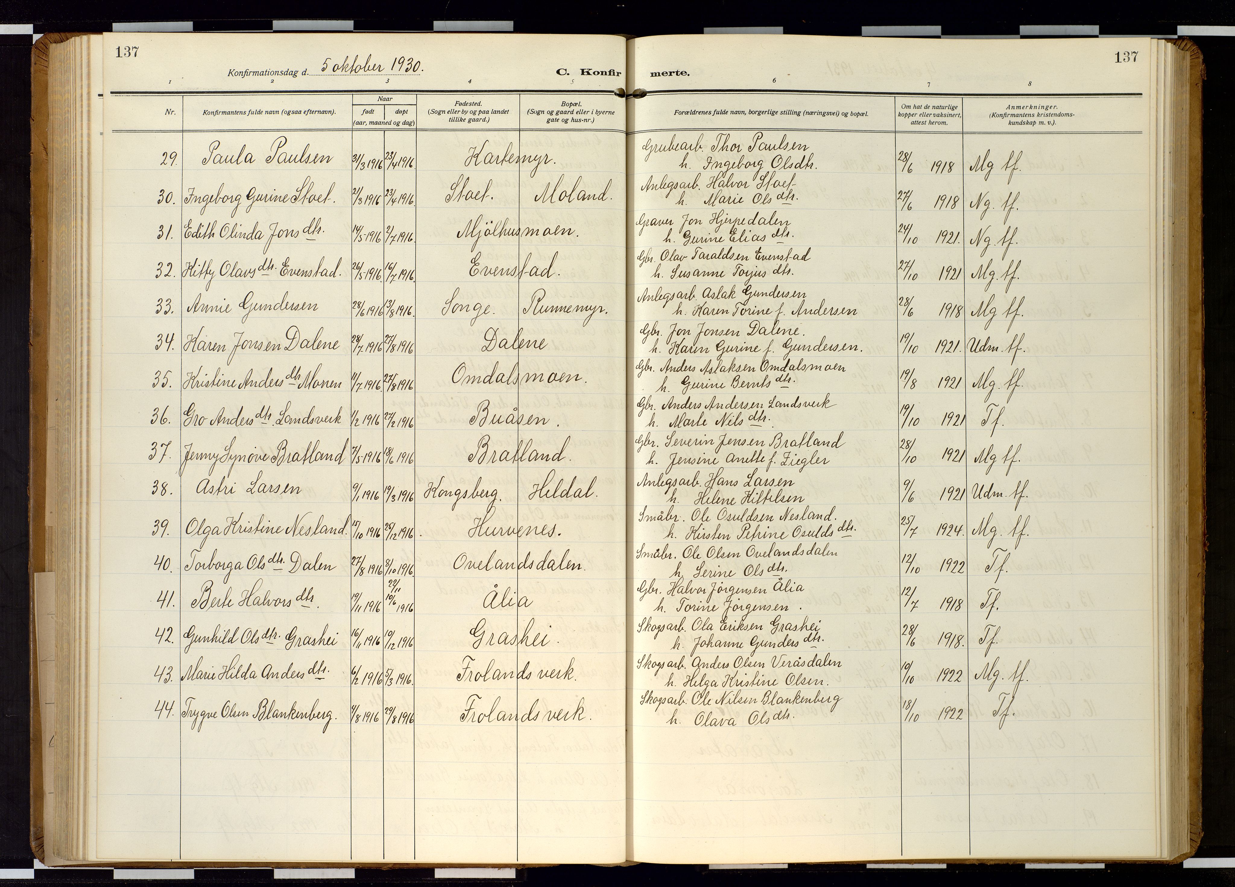Froland sokneprestkontor, AV/SAK-1111-0013/F/Fb/L0011: Klokkerbok nr. B 11, 1921-1947, s. 137