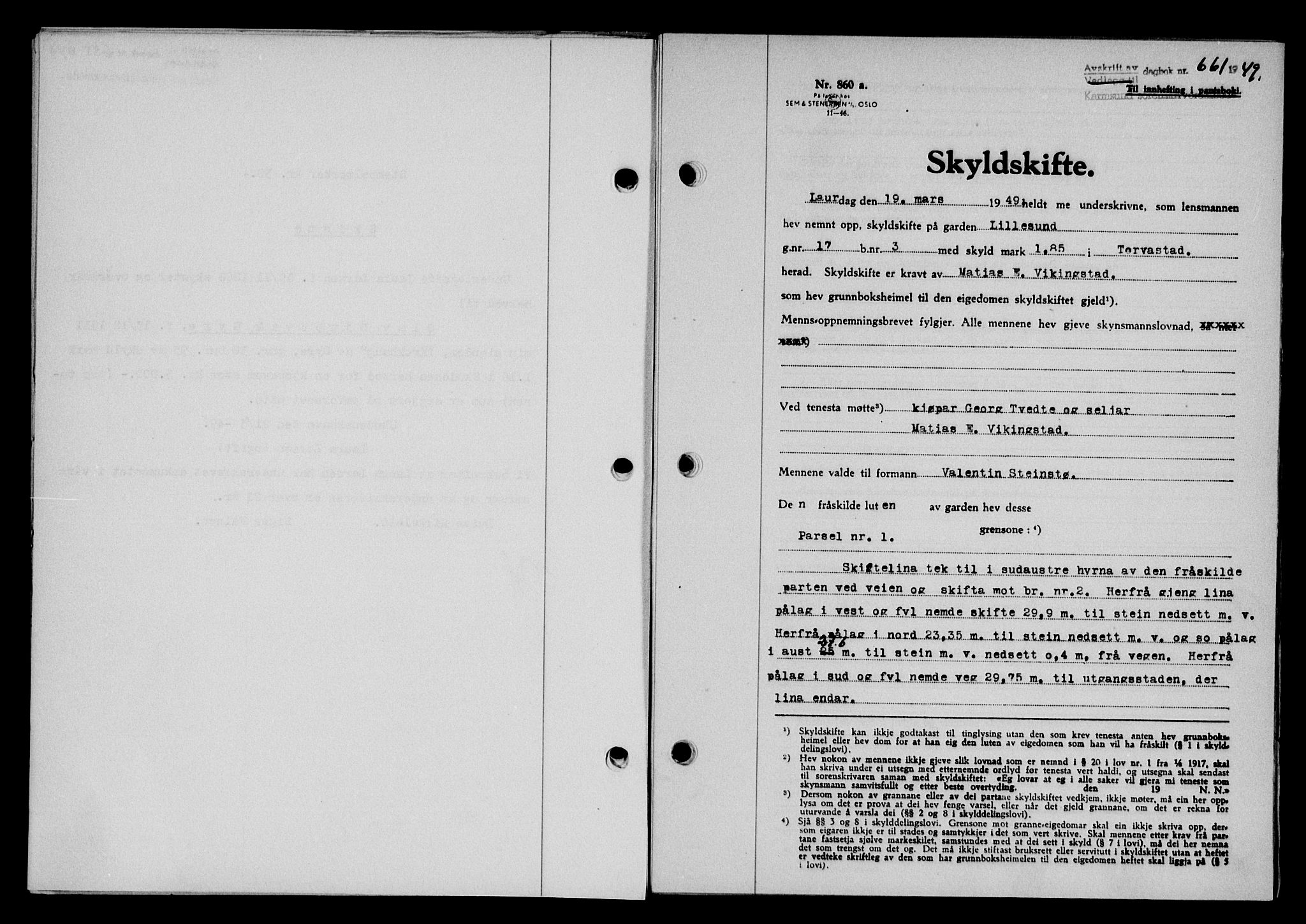 Karmsund sorenskriveri, SAST/A-100311/01/II/IIB/L0095: Pantebok nr. 75A, 1948-1949, Dagboknr: 661/1949