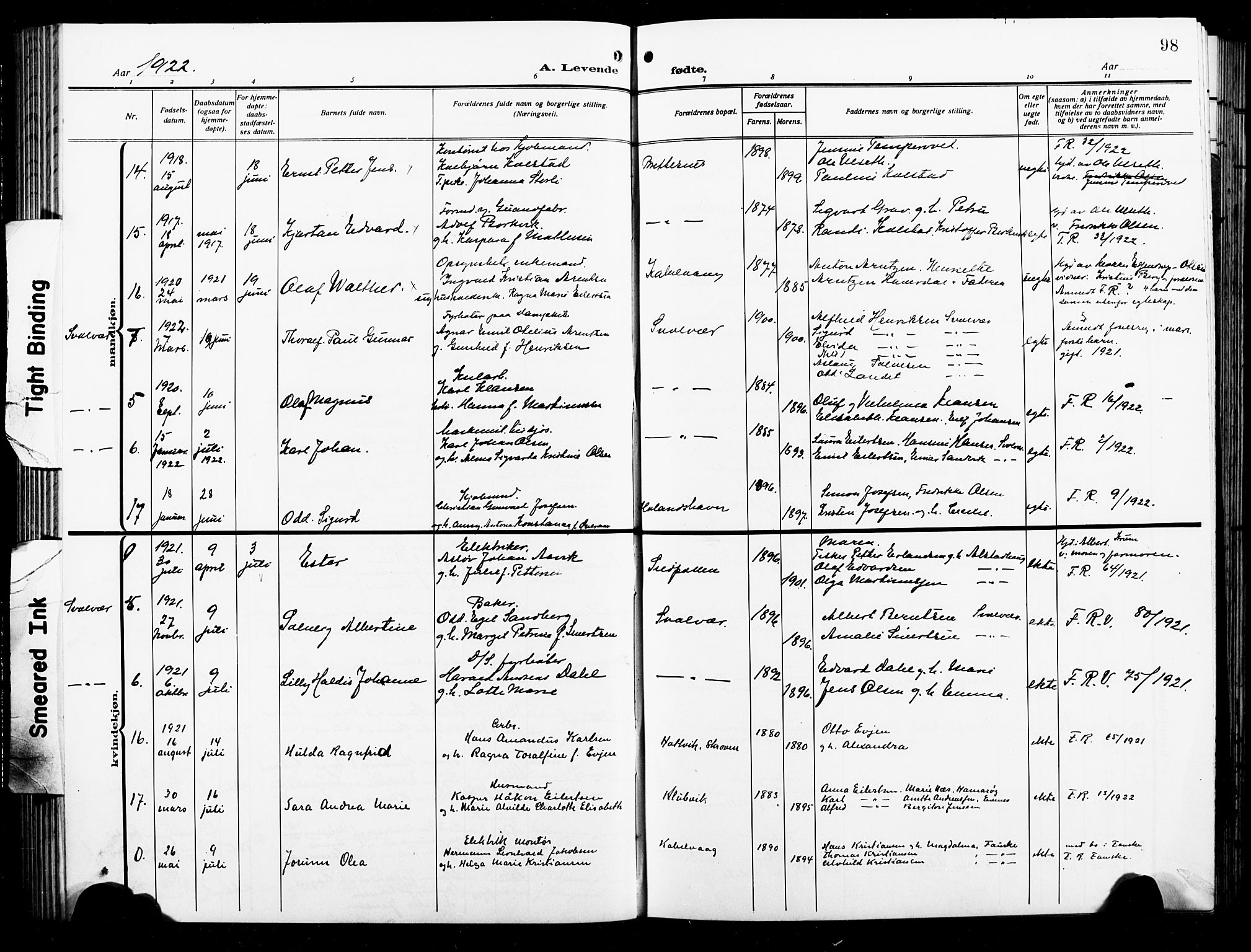 Ministerialprotokoller, klokkerbøker og fødselsregistre - Nordland, AV/SAT-A-1459/874/L1080: Klokkerbok nr. 874C09, 1915-1925, s. 98